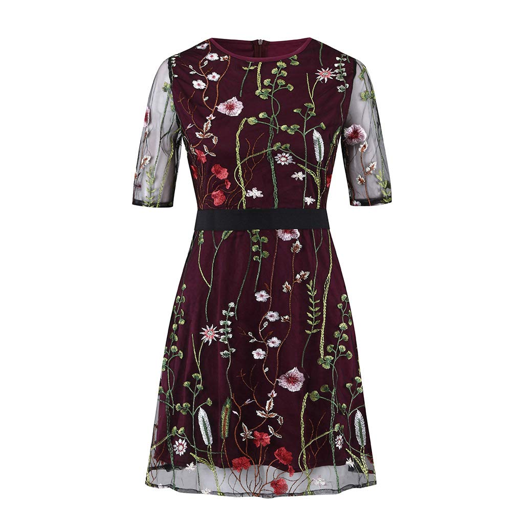 JULGIRL Women's Elegant Floral Embroidered Short Sleeve Lace Dress - Round Neck Mesh Summer Party Dress for Wedding, Cocktail, Date Night & Special Occasions