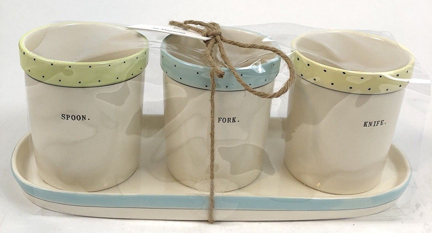 Rae Dunn Magenta Artisan Collection Flatware Caddy - Utensil Holder for Spoon, Fork, Knife - Green Yellow Blue Polka Dot Design - Perfect for Kitchen Organization and Dining Table Decor
