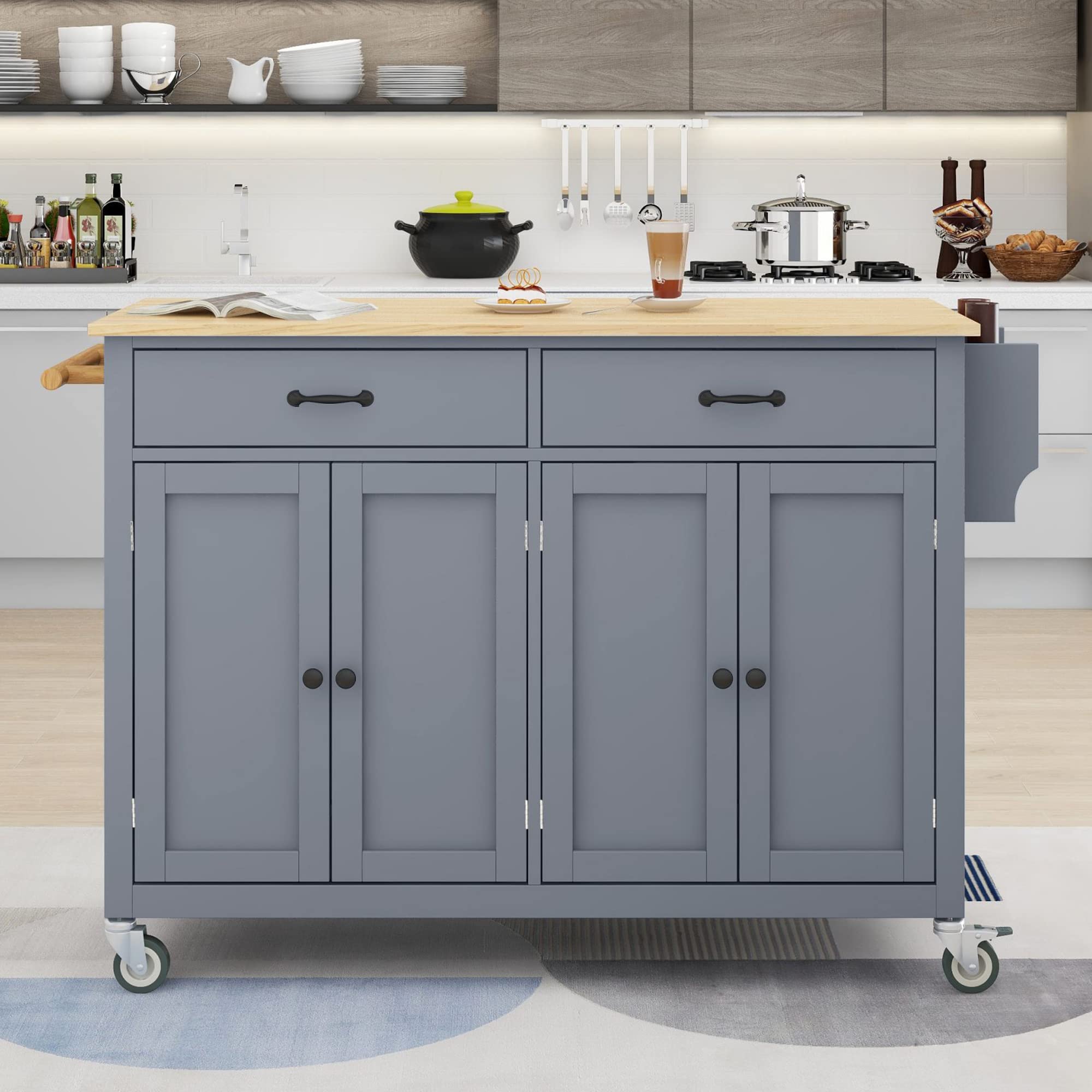 P PURLOVE Kitchen Island with Storage Cabinets & Drawers, Large Double Door Cabinet with Solid Wood Top, Towel Rack & Spice Rack - Dusty Blue | Perfect for Small Kitchen Organization, Extra Counter Space & Cooking Prep