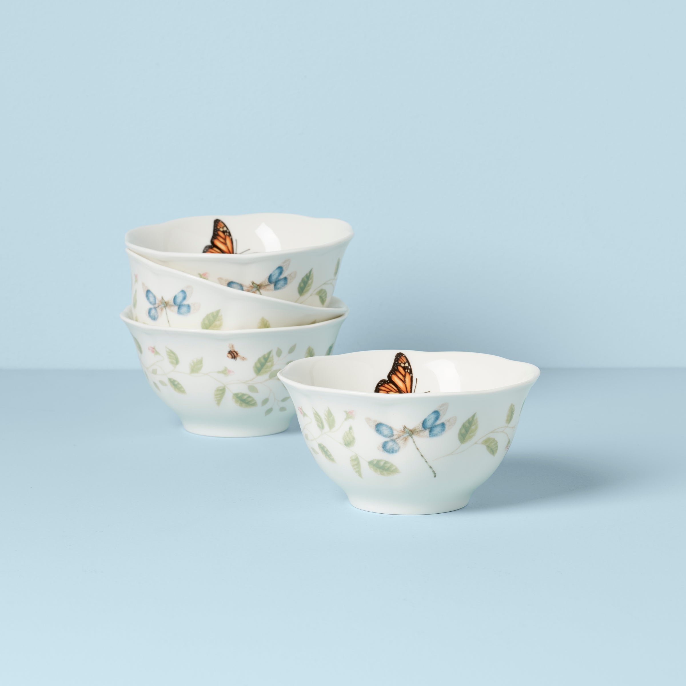 Butterfly Meadow Vines Rice Bowls Set of 4 - Elegant Floral Design Ceramic Dinnerware for Asian Cuisine, Home Dining & Party Serving