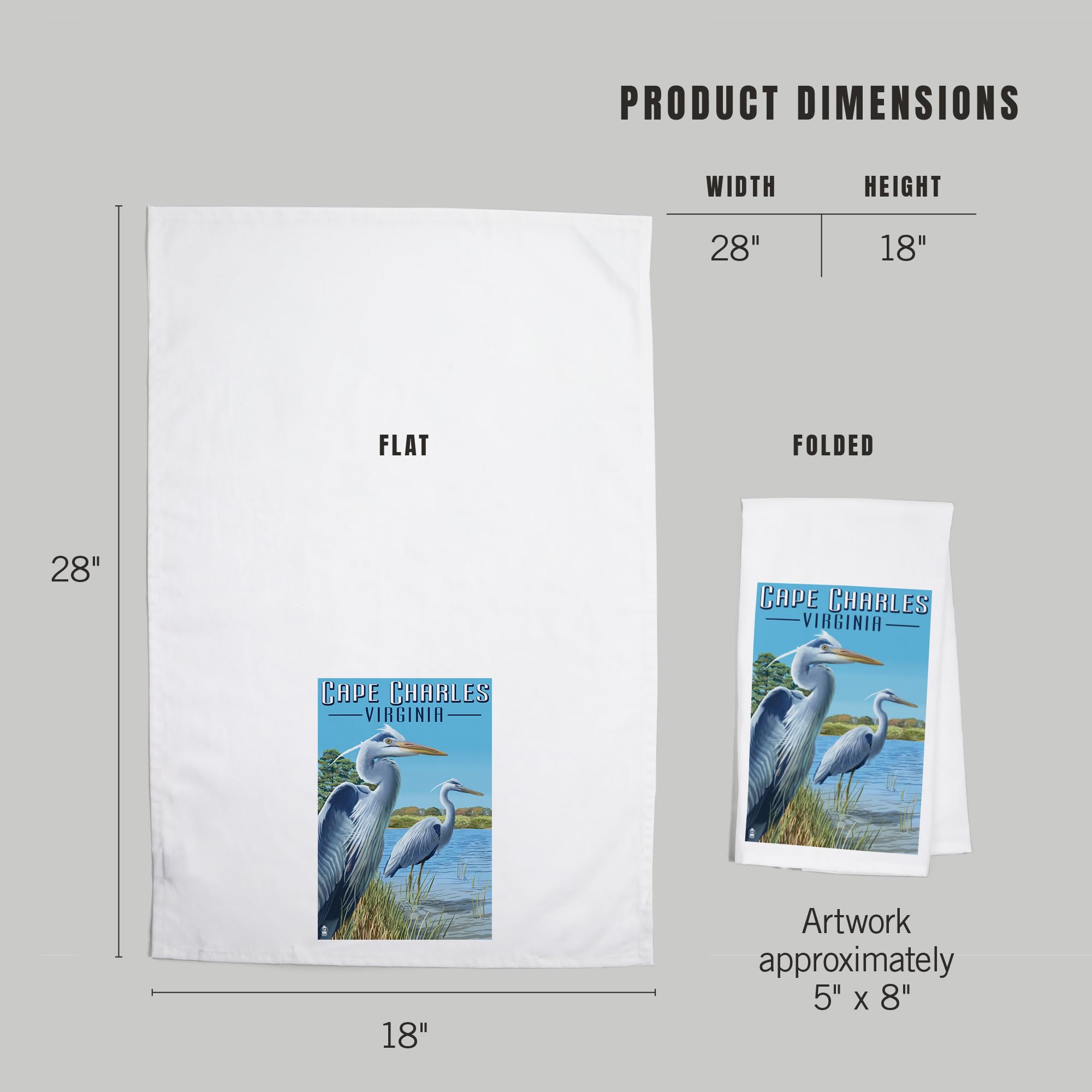 Lantern Press Cape Charles Virginia Blue Heron Tea Towel - 100% Cotton Decorative Hand Towel for Kitchen & Home - Perfect for Dish Drying, Gift Giving & Coastal Decor