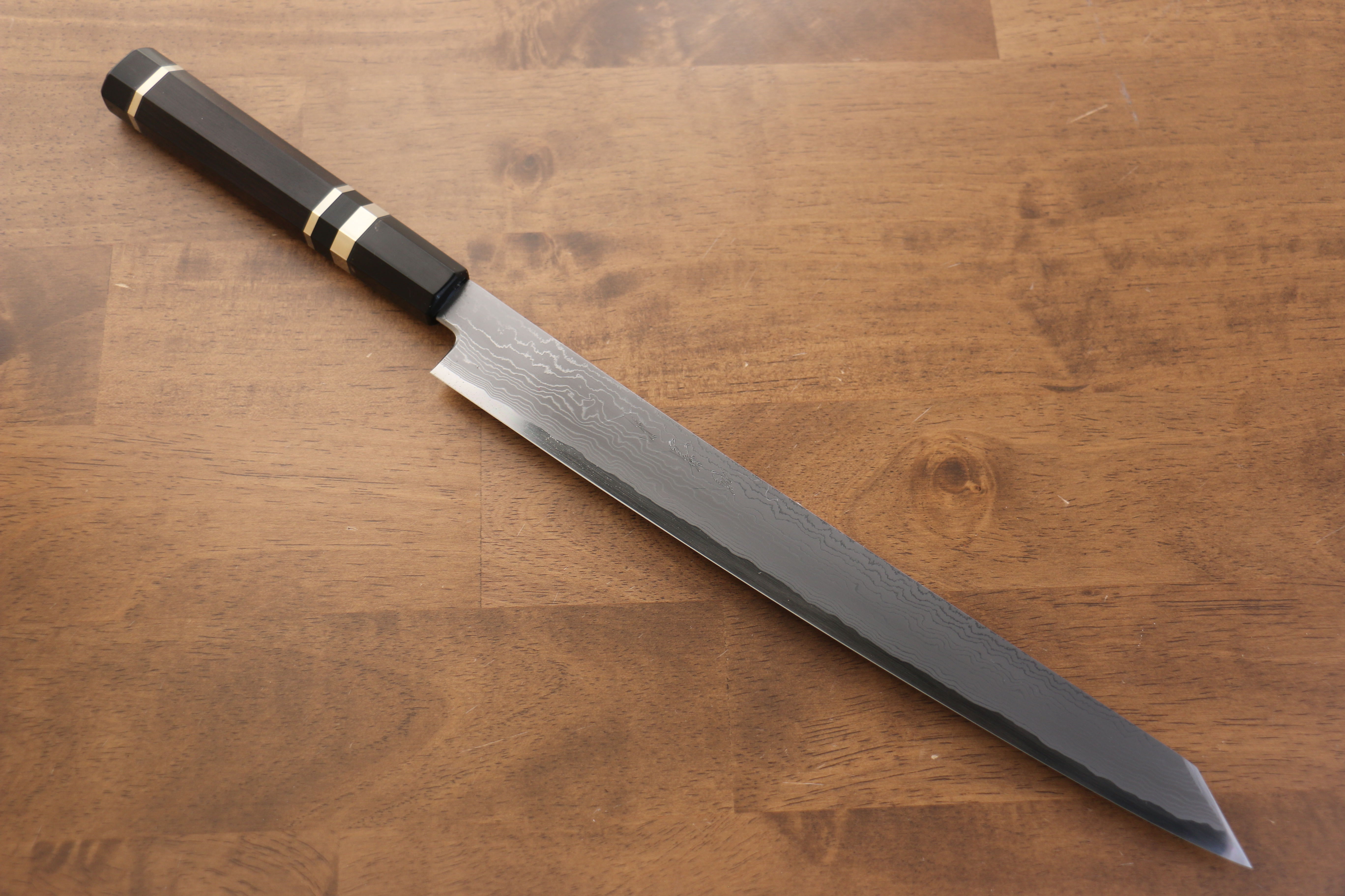 Premium Jikko Blue Steel Damascus Kiritsuke Sujihiki Knife 300mm - Handcrafted Japanese Chef Knife with Ebony Wood Handle & Double Ring Design - Perfect for Slicing Sashimi, Meat & Precision Cutting