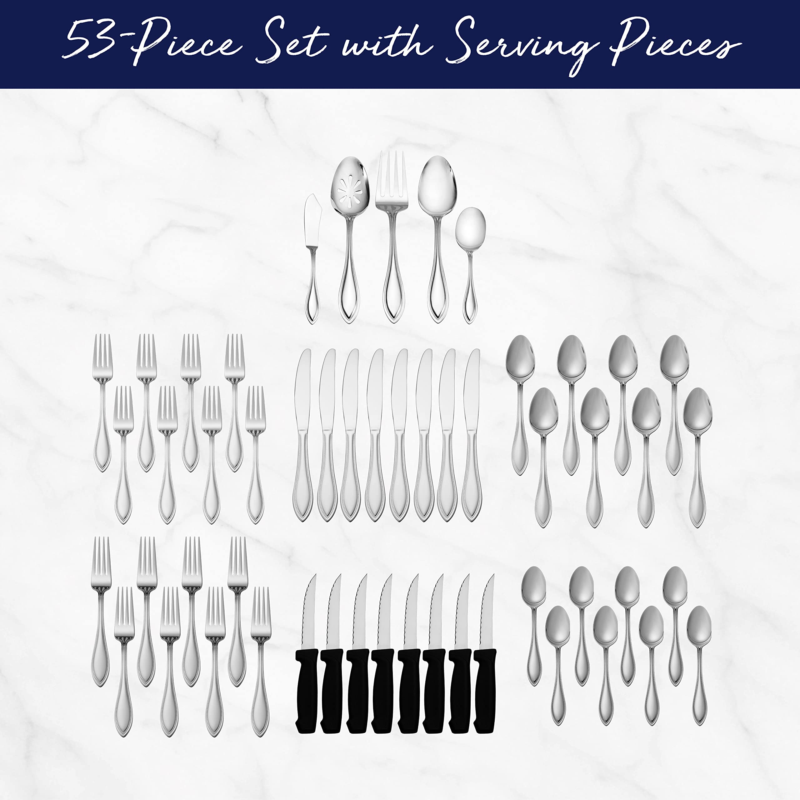 Pfaltzgraff American Bead 53-Piece Stainless Steel Flatware Set with Serving Utensils & Steak Knives - 8-Person Dinnerware Set in Silver for Formal Dining, Holiday Entertaining & Wedding Registry