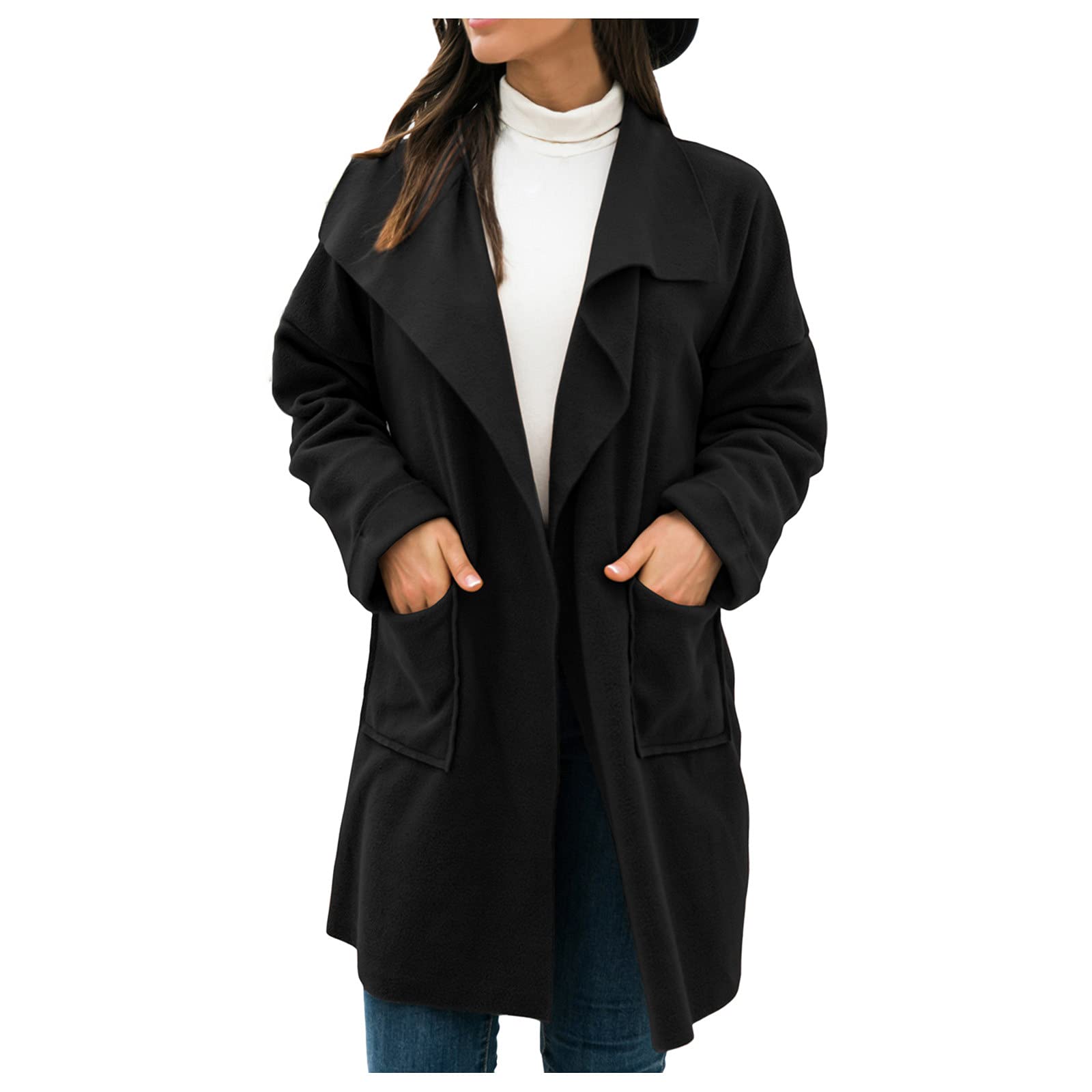 Women's Knitted Jacket - Comfortable Long Sleeve Loose Cardigan with Drape Front | Fall Fashion Outerwear | Cozy Black Sweater for Casual Wear, Office & Weekend Outings