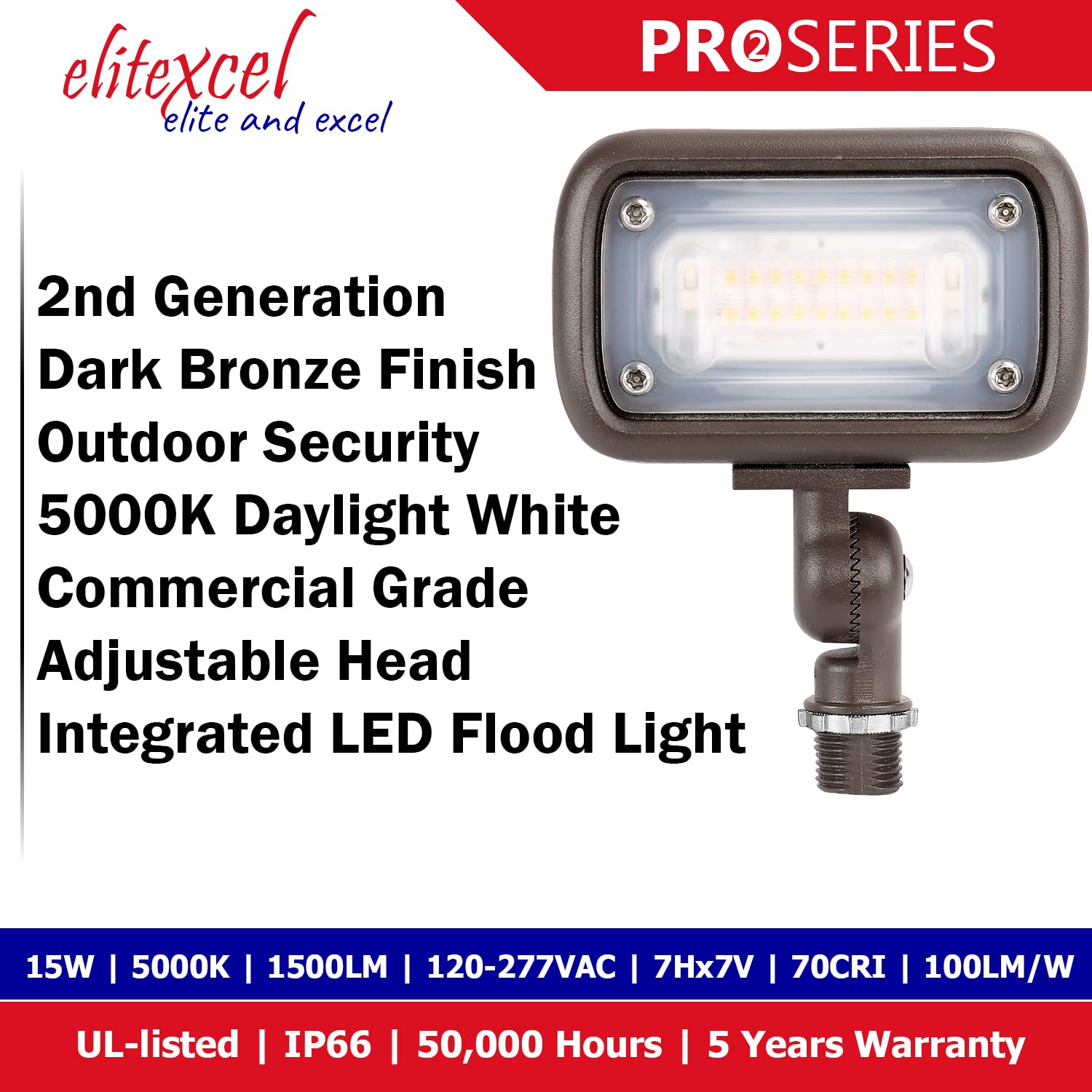 EliteXcel Gen2 15W UL Listed LED Flood Flagpole Light - 1500 Lumen, 5000K Daylight, Waterproof Outdoor Security Light with 1/2