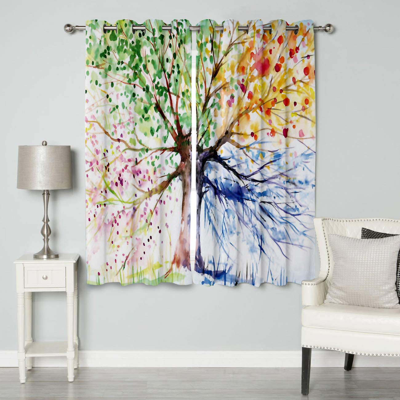 Thermal Insulated Curtains for Living Room & Bathroom - Colorful Tree of Life Printed Polyester Window Drapes (63 Inch Length, Set of 2) | Energy Saving, Kitchen & Cafe Decor | Perfect for Home, Office & Bedroom
