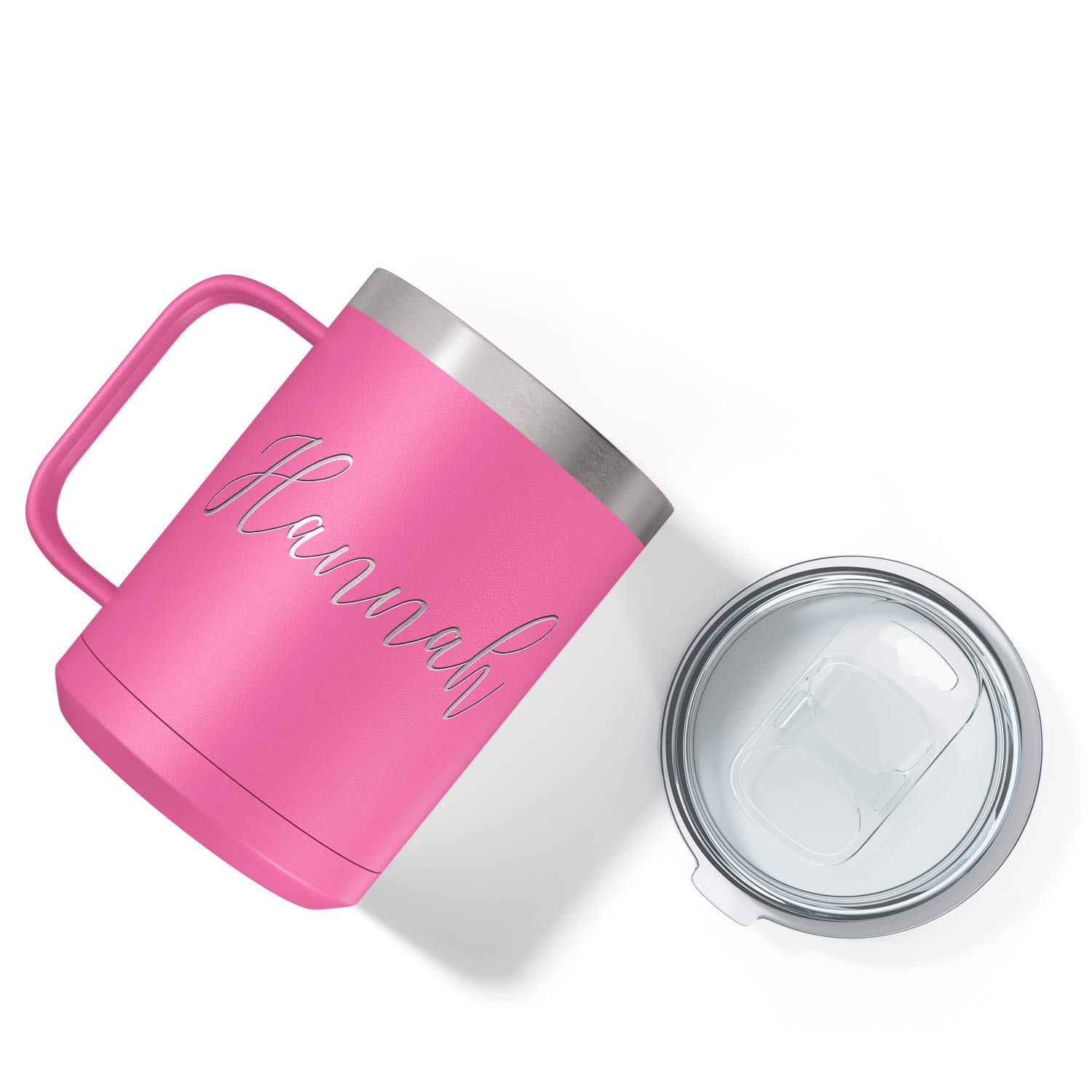 Personalized Pink Matte Finish 15 oz Stainless Steel Vacuum Insulated Coffee Mug with Handle - Custom Engraved Gift for Her, Perfect for Office, Home & Travel Use