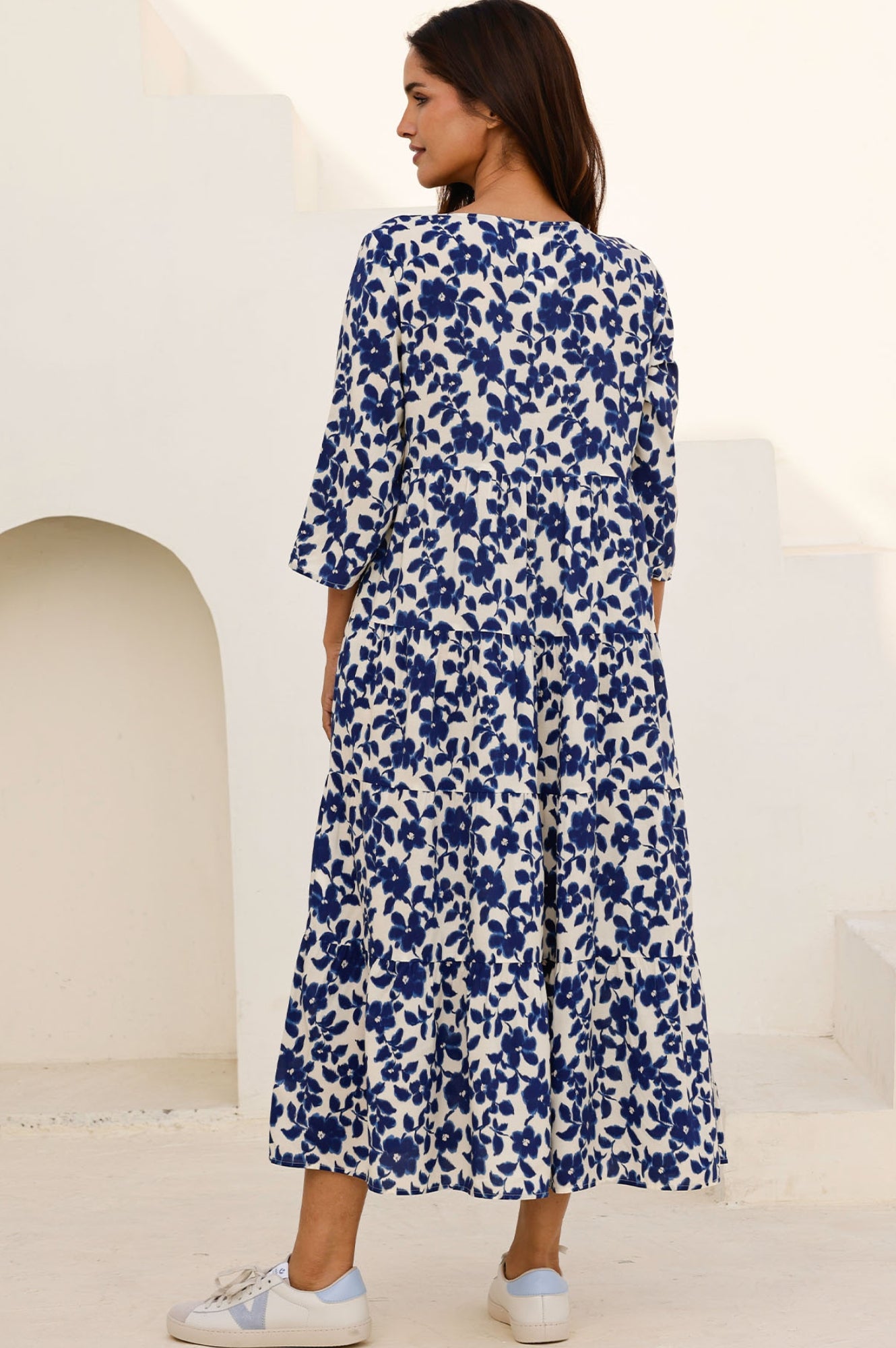 Emma EcoVero™ Midi Dress - Blossom Cream/Navy | Sustainable Women's Floral Summer Dress for Casual Wear, Beach & Outdoor Activities
