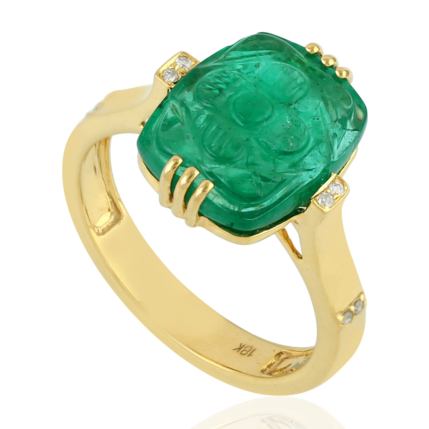 Exquisite Cushion Cut Carved Emerald Diamond Ring in 14K Yellow Gold - Elegant Jewelry Gift for Women, Anniversary, Engagement & Special Occasions