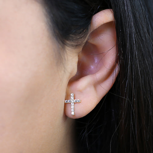 14K Yellow Gold Simple Cross Stud Earrings with Round CZ Stones - Elegant Christian Jewelry for Women, Perfect for Church, Weddings & Everyday Wear