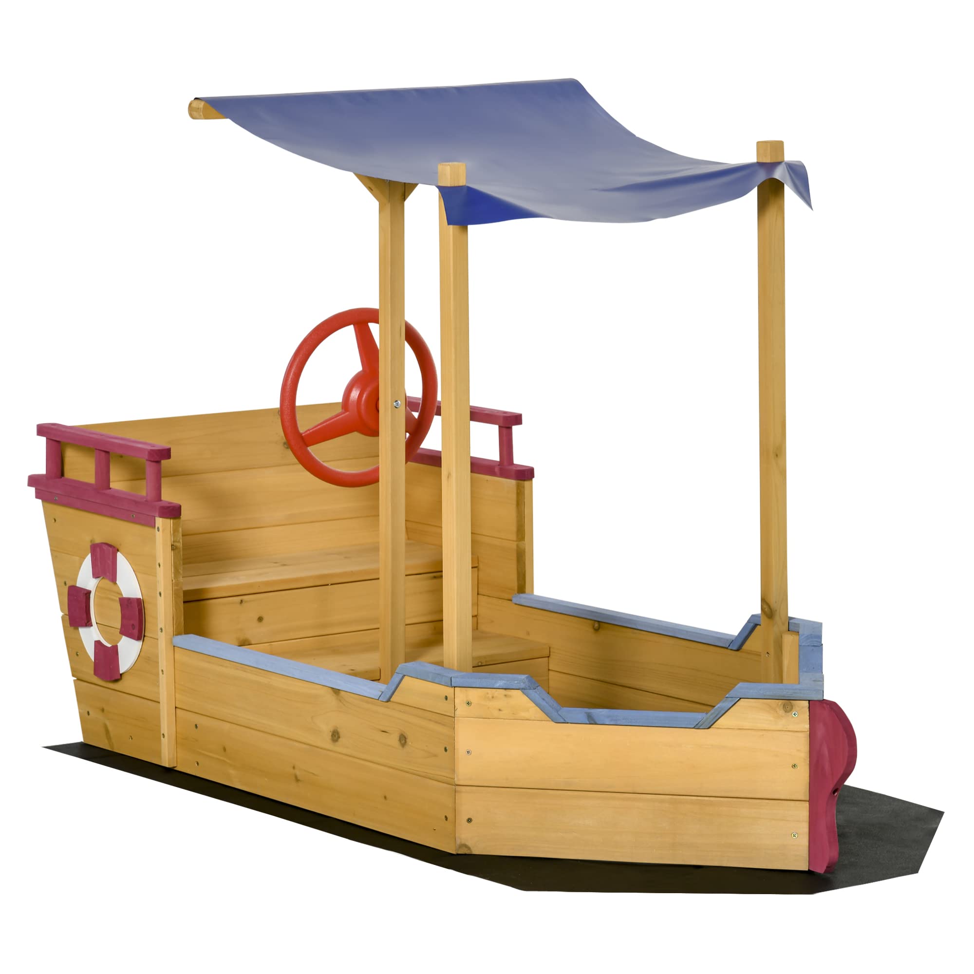Outsunny Pirate Ship Sandbox with Cover & Rudder - Wooden Outdoor Sandbox with Storage Bench & Seat - Kids Sand Play Toy for Ages 3-8 - Perfect for Backyard, Garden & Playground Fun