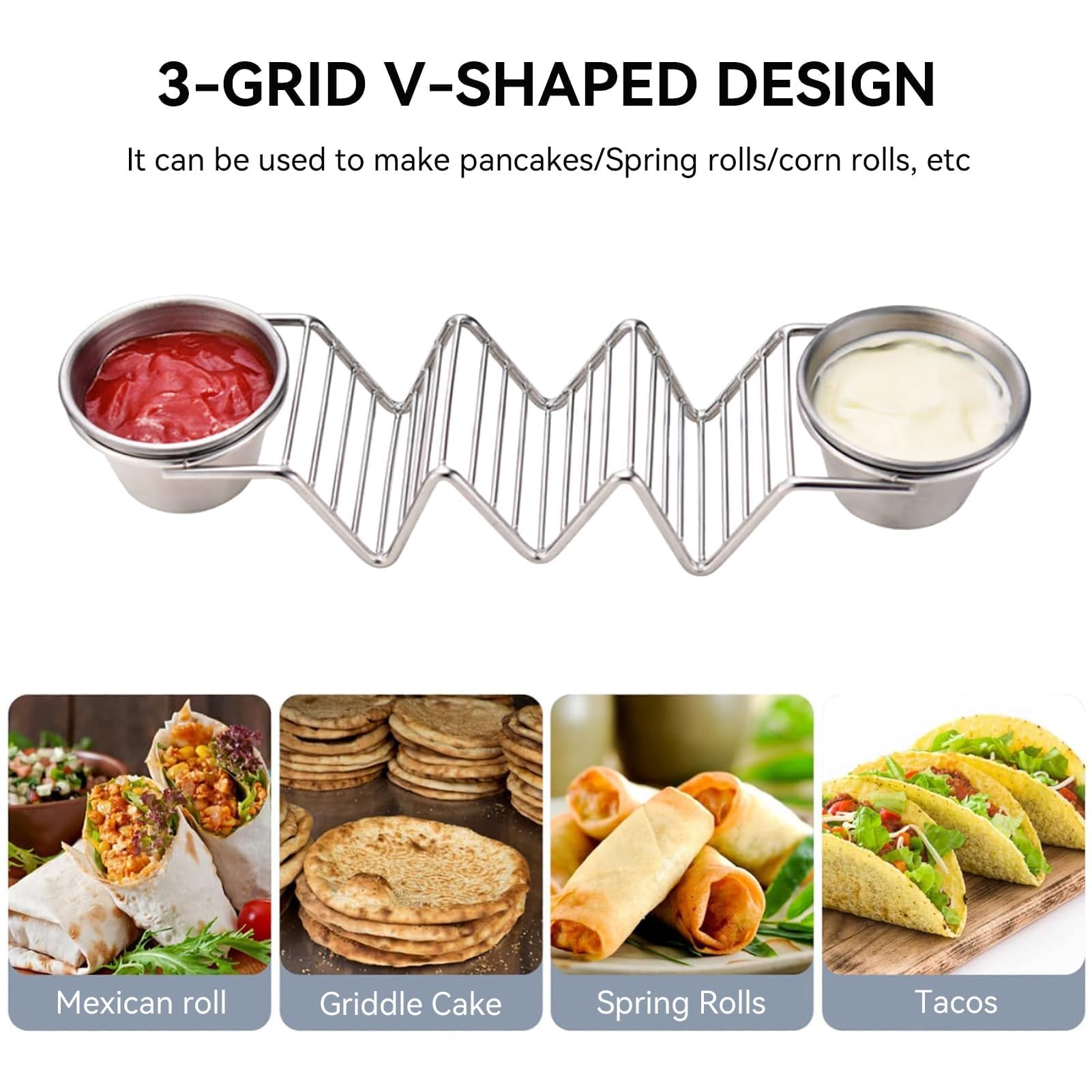 Stainless Steel Taco Stand Holder with Sauce Tray - 6 Slot Taco Rack for Baking, Serving & Party Display - Perfect for Taco Night, Mexican Fiesta, BBQ & Family Gatherings