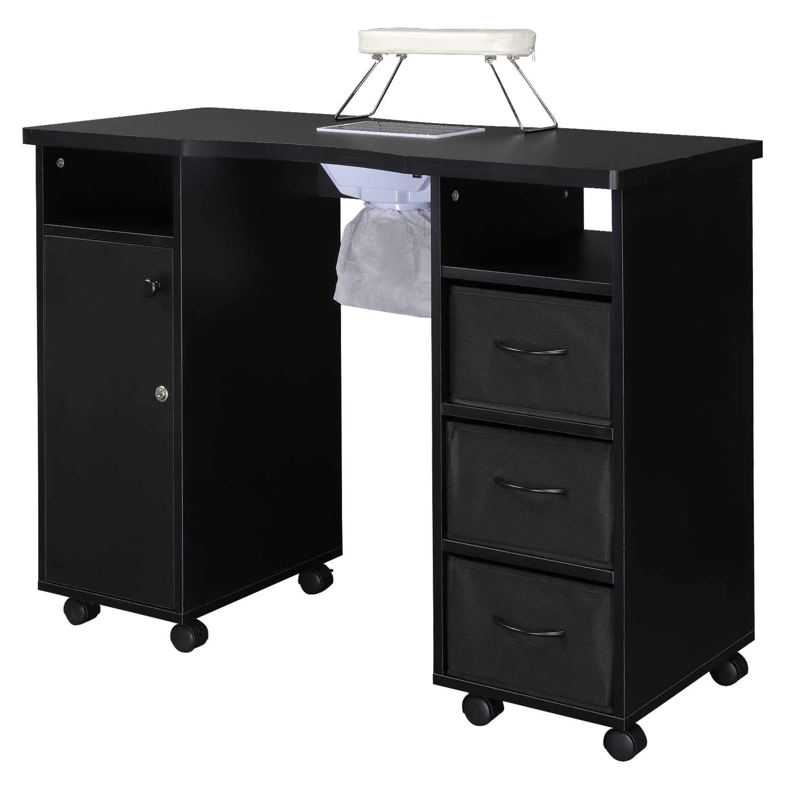 Professional Manicure Table with 4 Drawers & 2 Cabinets - Lockable Wheels Nail Tech Desk for Beauty Salon & Home Use - Perfect for Nail Artists, Spa Professionals & DIY Enthusiasts (Black)