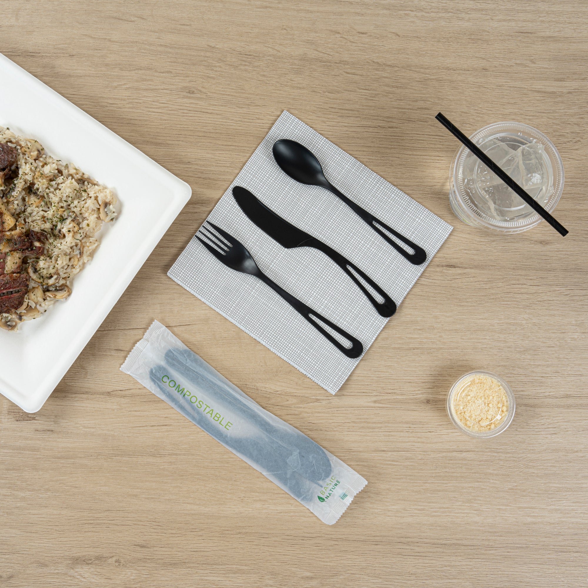 Eco-Friendly Black CPLA Plastic Cutlery Set - 100-Piece Compostable Cutlery with Heat-Resistant Wrapper (7.5