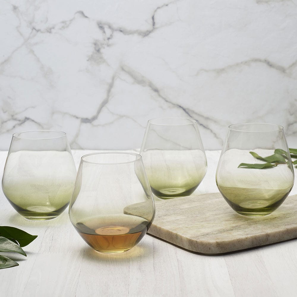 Gianna Ombre Sage Set of 4 Stemless Wine Glasses - Elegant Drinking Cups for Wine, Cocktails & Beverages - Perfect for Dinner Parties, Weddings & Home Decor