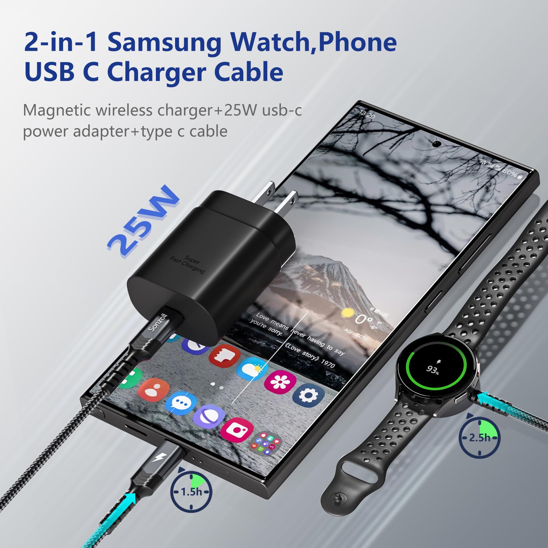 2 in 1 Samsung Watch Charger & USB C Fast Charger - 5FT Magnetic Charging Cable Compatible with Galaxy Watch 7/6/5/4/3/Active2 & Galaxy S24/S23/S22/S21/S20 - Perfect for Travel, Office & Nightstand Charging