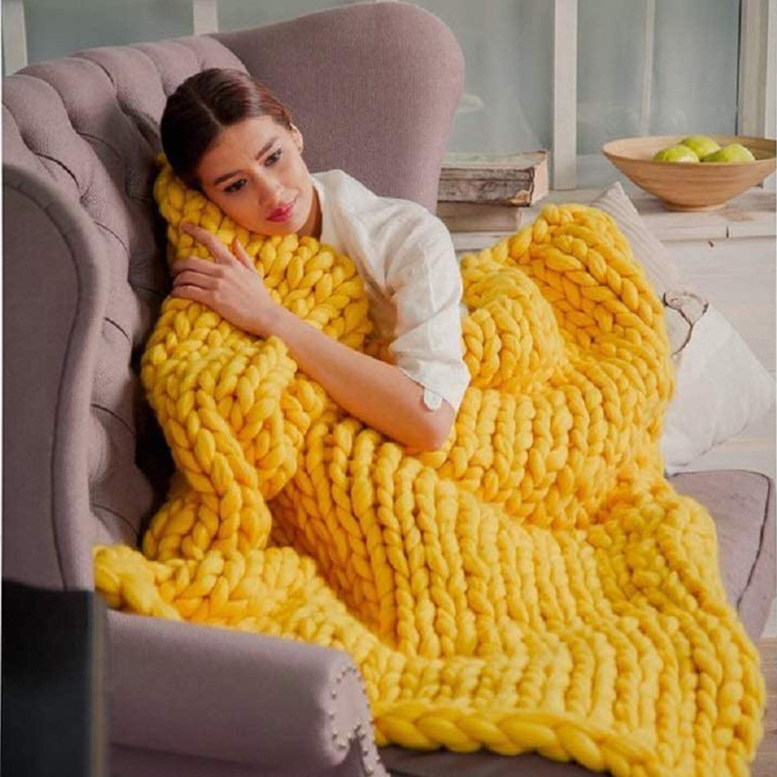 Chunky Knit Blanket - Soft Synthetic Wool Luxury Throw Blanket for Bed, Sofa & Chair - Cozy Handmade Bulky Knitted Blanket in Yellow - 40x40 Inches - Perfect for Home Decor, Winter Snuggling & Gift Giving
