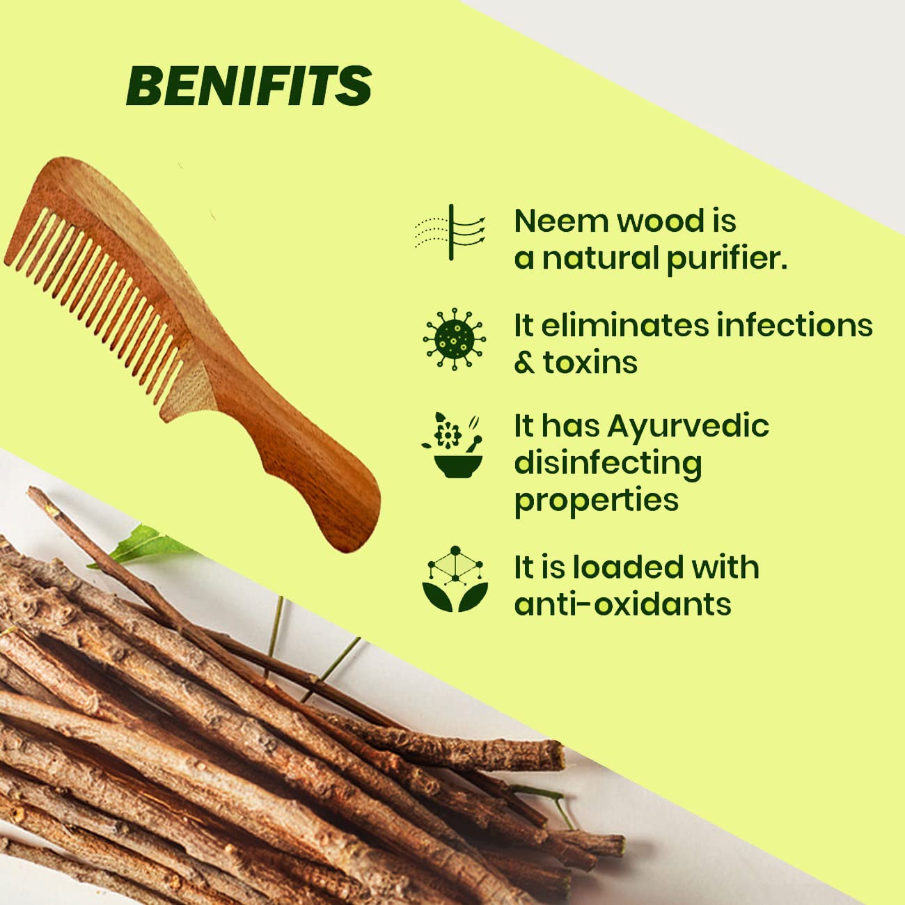 Rufiys Kacchi Neem Wood Hair Comb for Women & Men - Anti Dandruff Wooden Comb with Handle for Curly & Wavy Hair - Promotes Hair Growth - Perfect for Daily Hair Care & Scalp Massage
