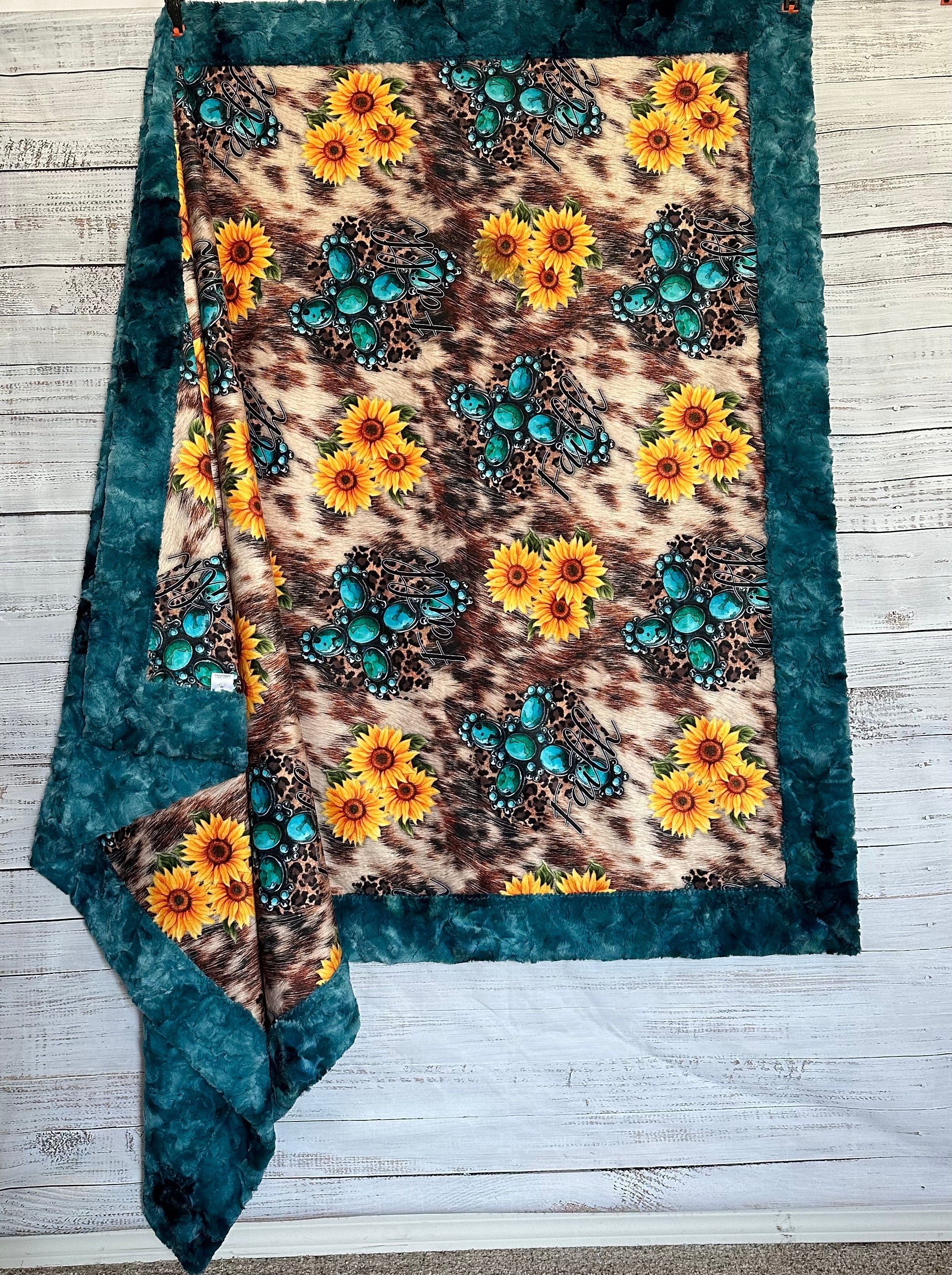 Turquoise Cross and Sunflowers on Mallard Luxe 55x80 Large Minky Blanket - Soft Cozy Throw for Bed, Sofa & Gift - Home Decor, Nursery, Dorm Room