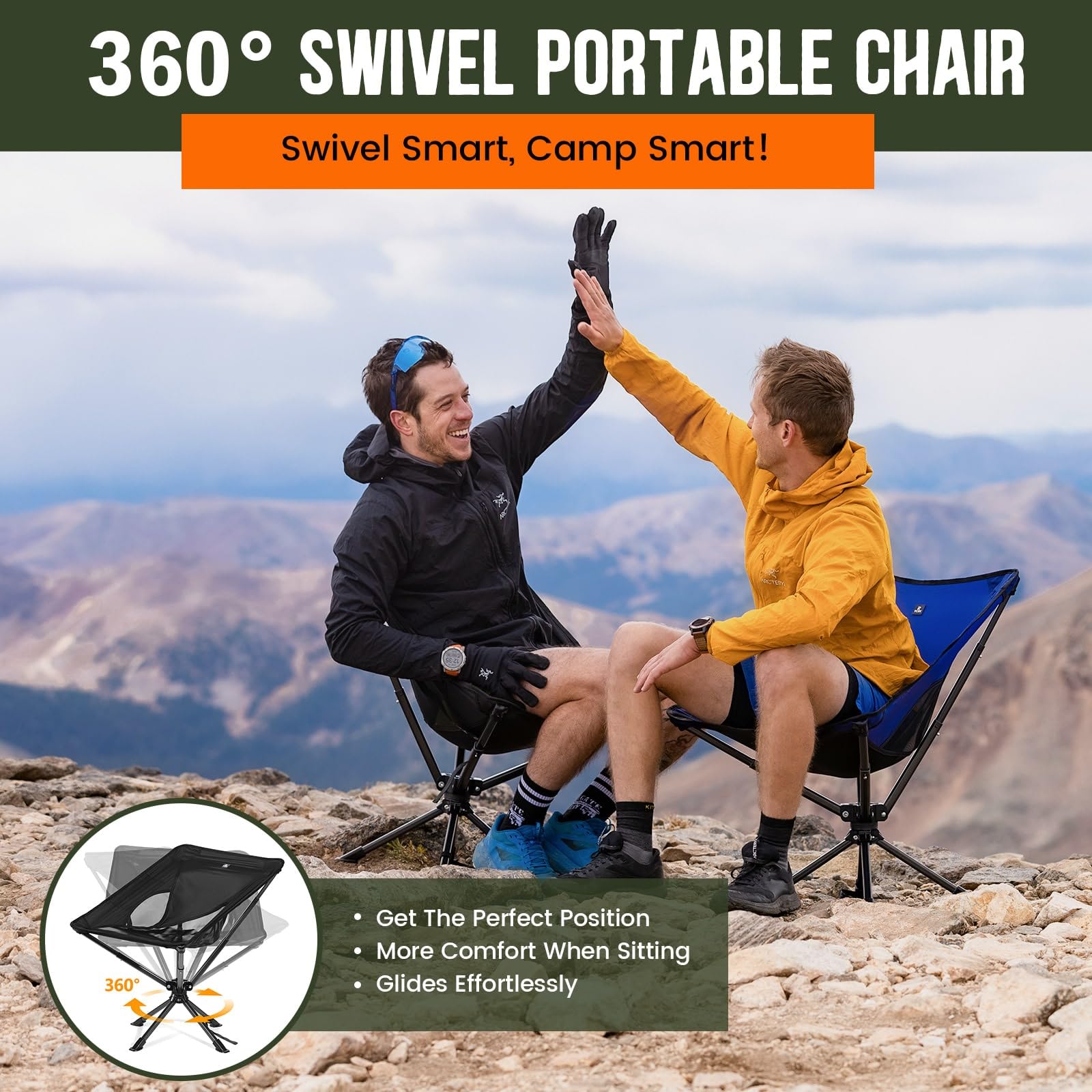 Upgraded Swivel Portable Folding Chair - Compact & Lightweight Collapsible Chair for Adults, Sets Up in 8 Seconds, Supports 300 lbs - Perfect for Camping, Travel, Hiking, Beach, Picnics, Backyard & Outdoor Events