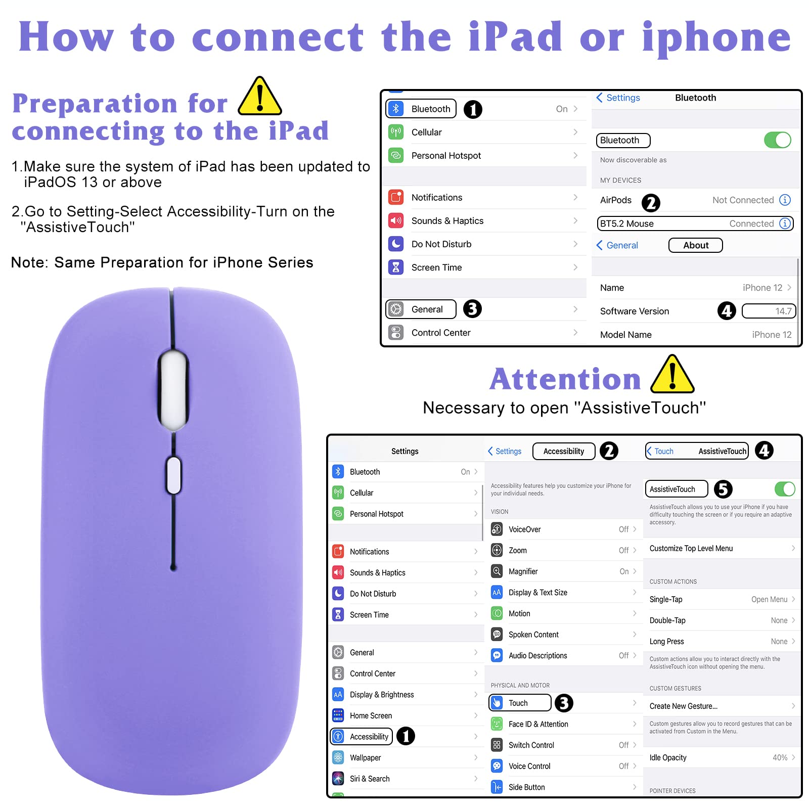 UrbanX 2.4GHz Bluetooth Wireless Mouse - Rechargeable Ergonomic Mouse for Laptop, PC, Mac, iPad Pro, Tablet (Violet Purple) - Perfect for Office Work, Gaming & Travel Use