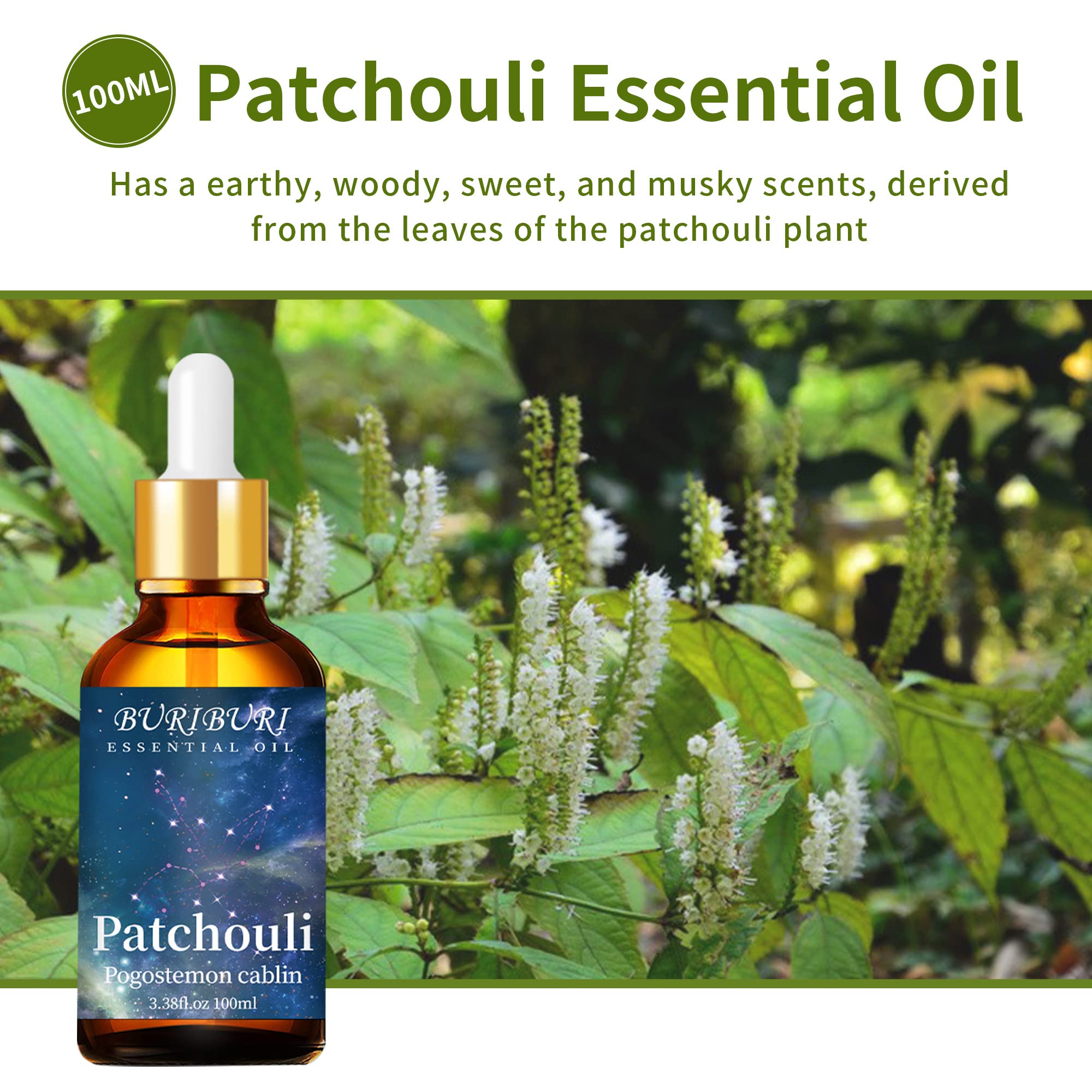 100% Pure Undiluted Patchouli Essential Oil - 100ML/3.38fl.oz for Aromatherapy, Soap Making, Candle Making, Massage, Diffuser & Humidifier | Relaxing Scent for Stress Relief, Meditation & Home Spa