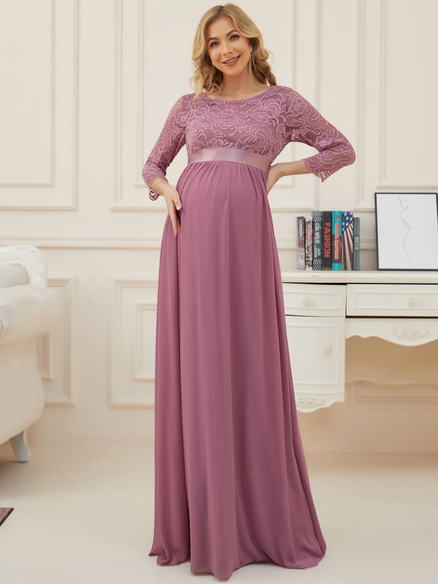 Ever-Pretty Women's 3/4 Sleeve A-Line Lace Embroidery Chiffon Maternity Party Dress 20797 - Elegant Formal Gown for Baby Shower, Wedding Guest & Special Occasions