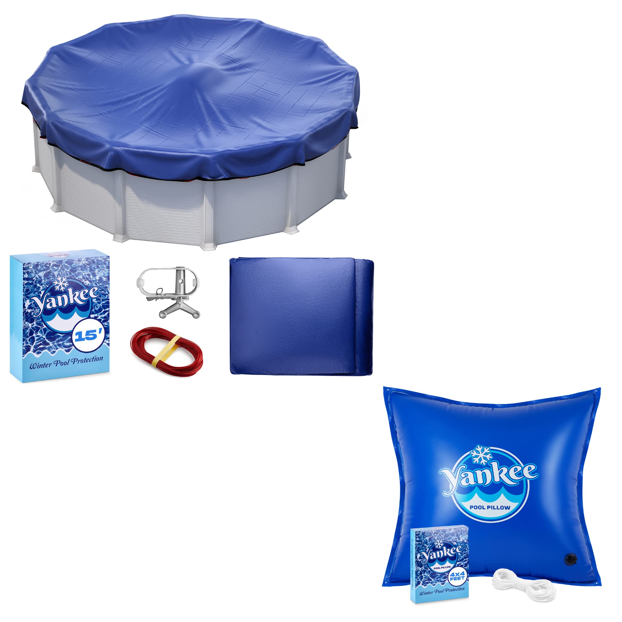15 ft Round Above Ground Pool Cover - Heavy Duty, Extra Thick & Durable Winter Pool Cover with 4'×4' Square Pool Pillow Bundle - Sapphire Series by Yankee Pool Pillow - Perfect for Winter Protection & Pool Maintenance