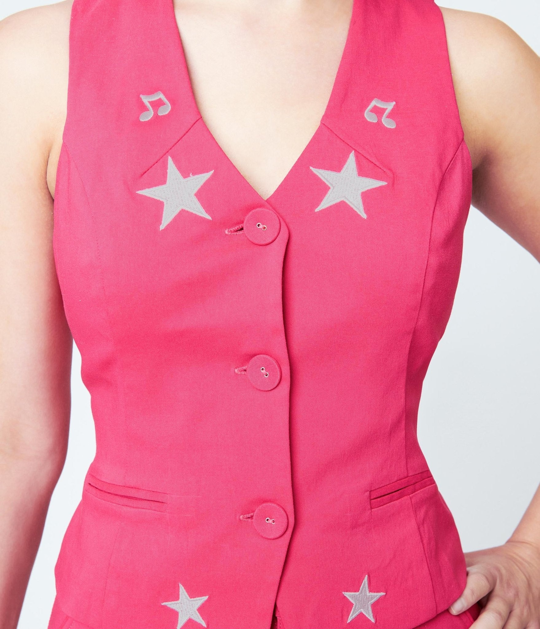 Vintage 1970s Pink Glitter Star Button Up Vest - Retro 70s Disco Party Costume, Halloween Outfit & Music Festival Fashion