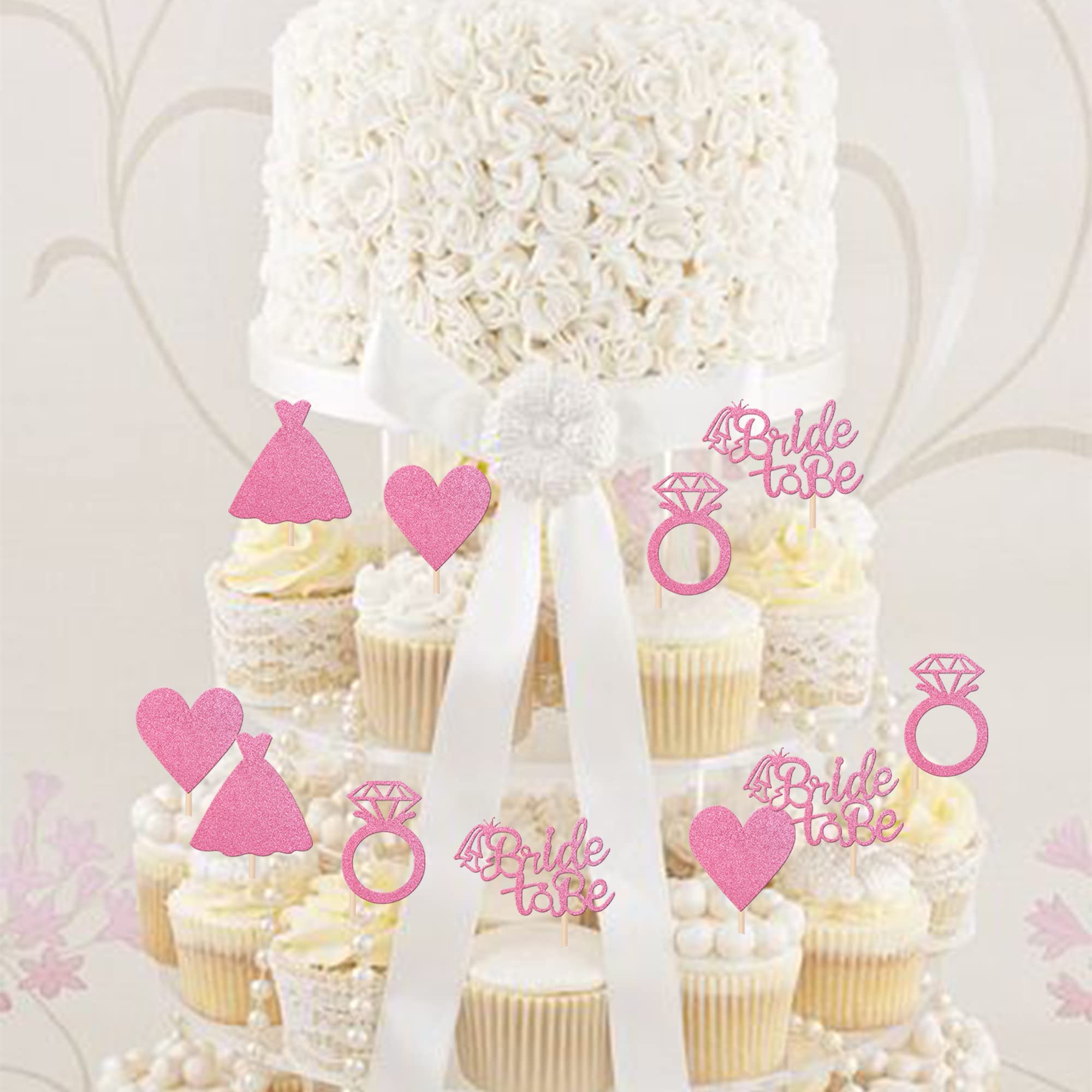 24 PCS Bride to Be Cupcake Toppers - Heart Ring Dress Bridal Shower Cupcake Picks for Wedding, Engagement & Bachelorette Party - Pink Cake Decorations Supplies - Perfect for Bridal Showers, Wedding Receptions & DIY Cake Decorating