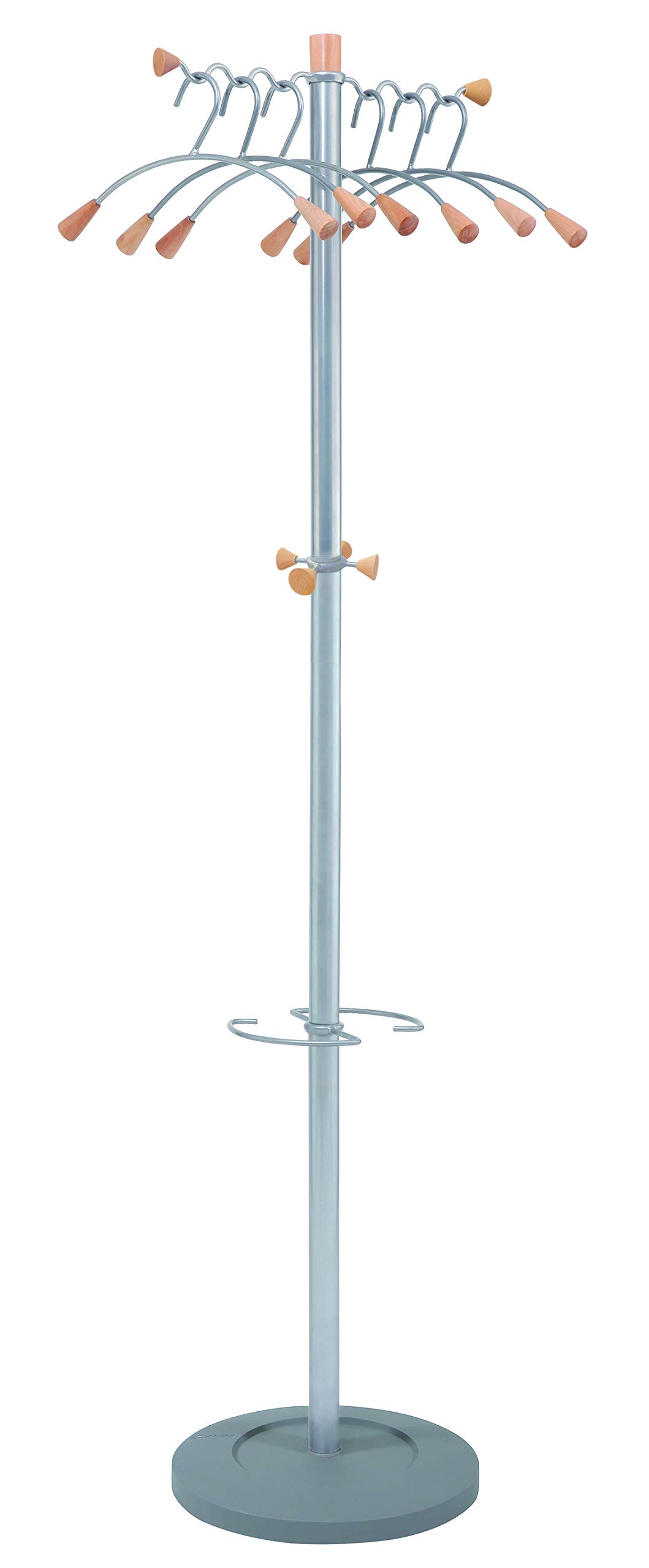 PMWAVE Wavy Coat Tree - 6 Hangers, 2 Knobs & 4 Hooks - Silver Steel & Wood Design - Perfect for Entryway, Bedroom or Office Organization