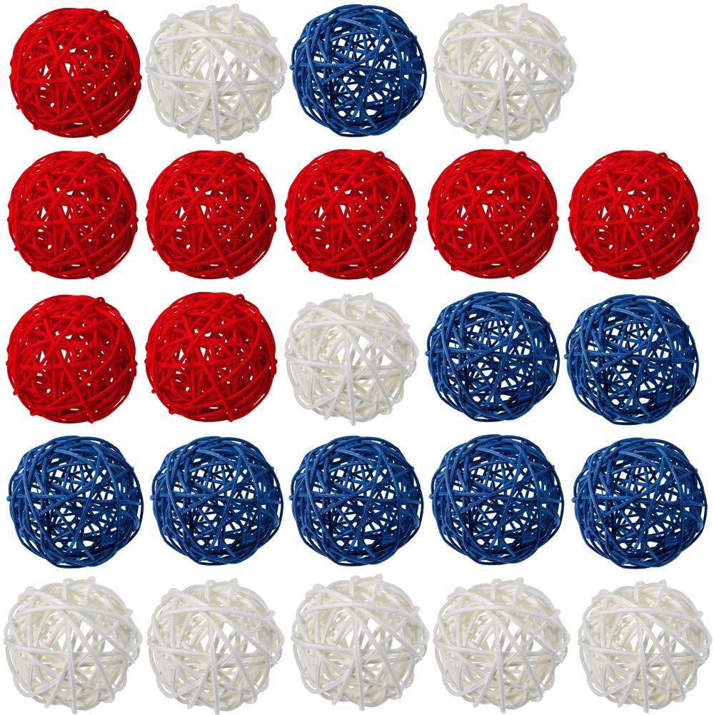 24 Pack White, Red & Blue Wicker Balls - 2 Inch Decorative Rattan Balls for 4th of July Party, Independence Day & Memorial Day Decorations | Perfect for Home, Wedding, Baby Shower & Table Centerpieces