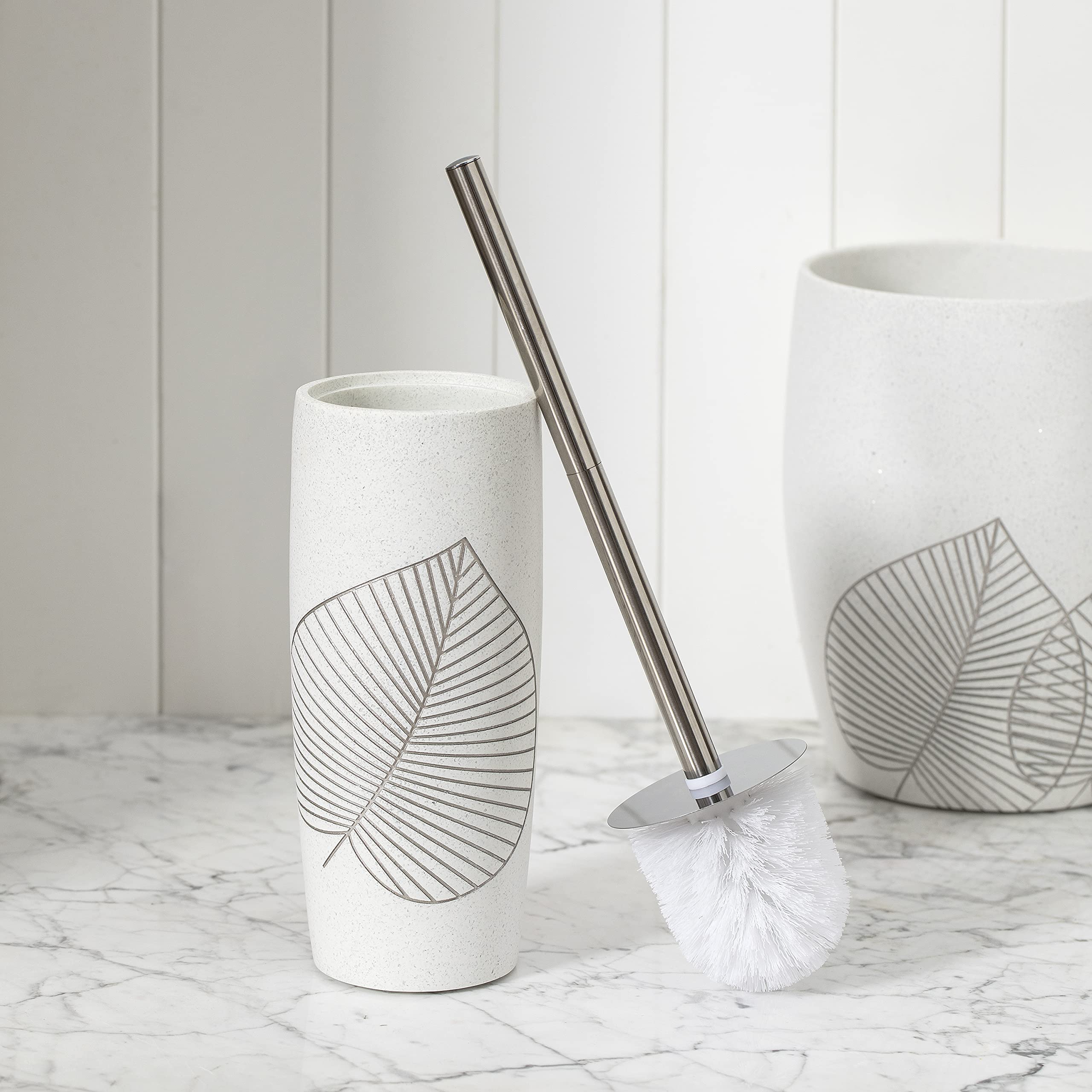 2-Pack Elegant Leaf Design High-Quality Polyresin Wastebasket Trash Can with Brush Holder - Perfect for Bathroom, Kitchen, Home Office & Powder Room - White