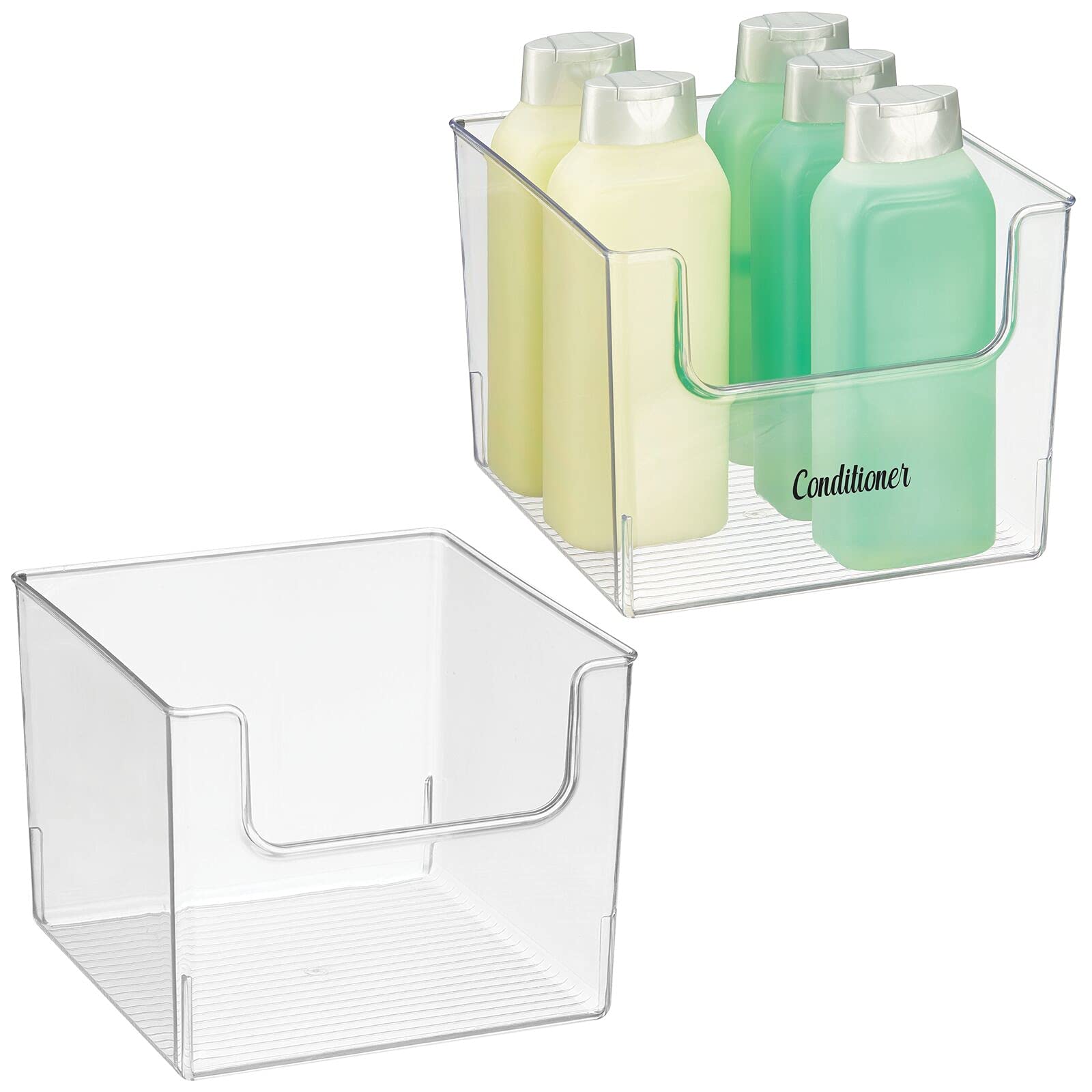 mDesign Deep Plastic Storage Bins with Labels - 2 Pack Clear Bathroom Organizer Containers with Open Front Design for Toiletries, Cosmetics & Hair Accessories - Perfect for Vanity, Shower & Closet Organization