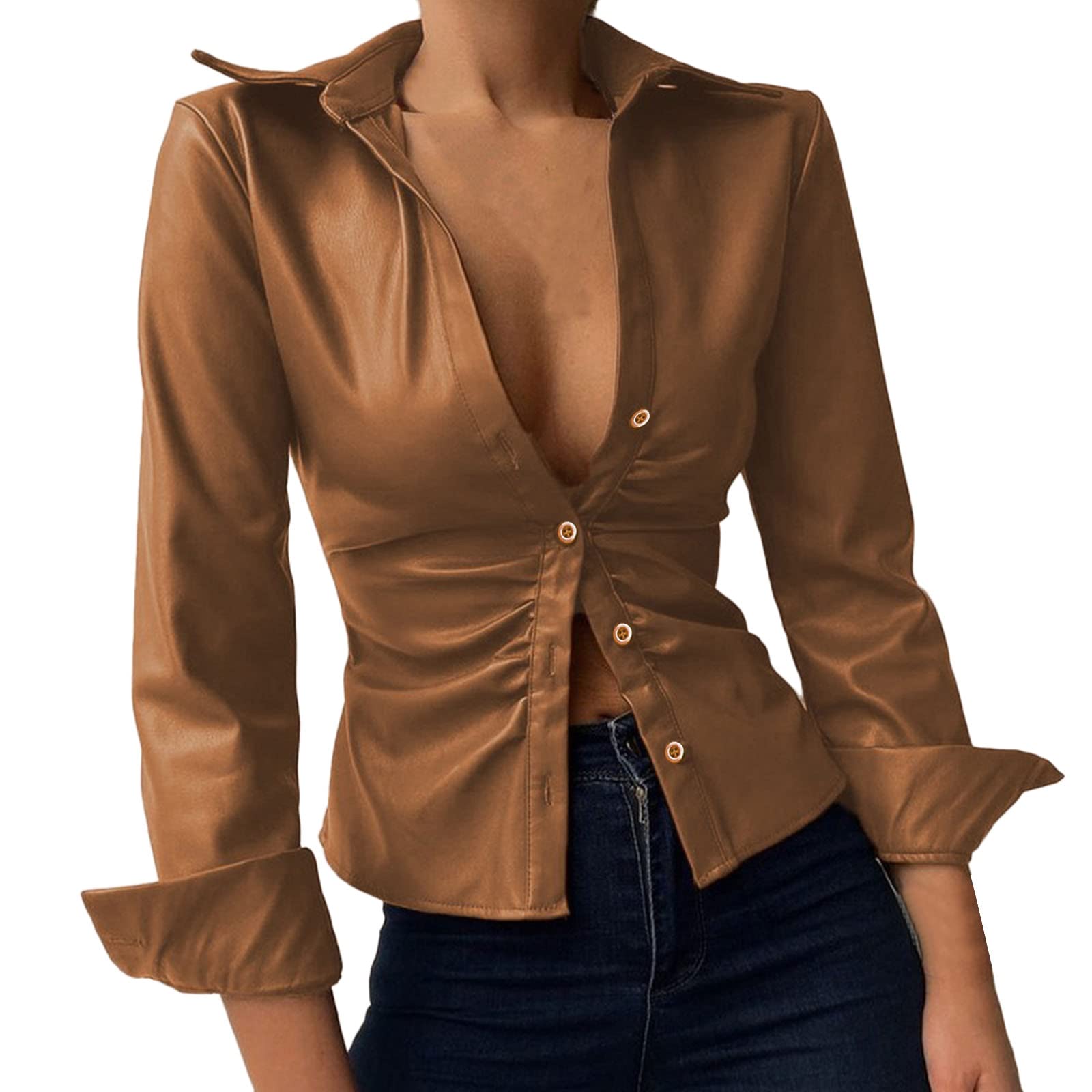 Women's Fashion Long Sleeve Lapel Neck Solid Color Blouse - Loose Fit Casual & Work Shirt for Summer Office Wear, Outdoor Activities & Daily Outfits