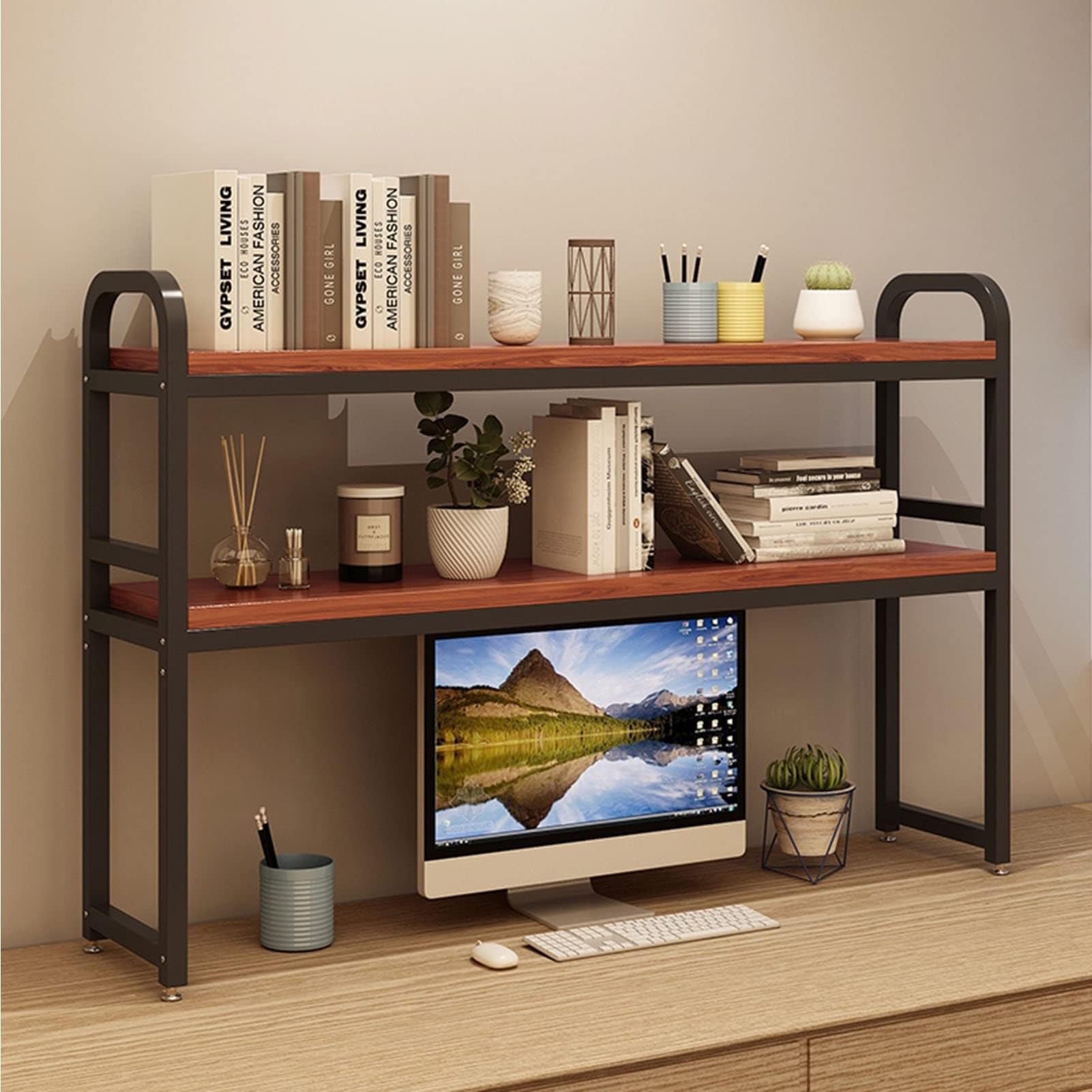 2 Tier Wrought Iron Desktop Storage Rack - Adjustable Office Organizer Shelf for Books, Supplies & Decor | Home & Office Workspace Solution | Sturdy Metal Display Shelf for Desk Organization