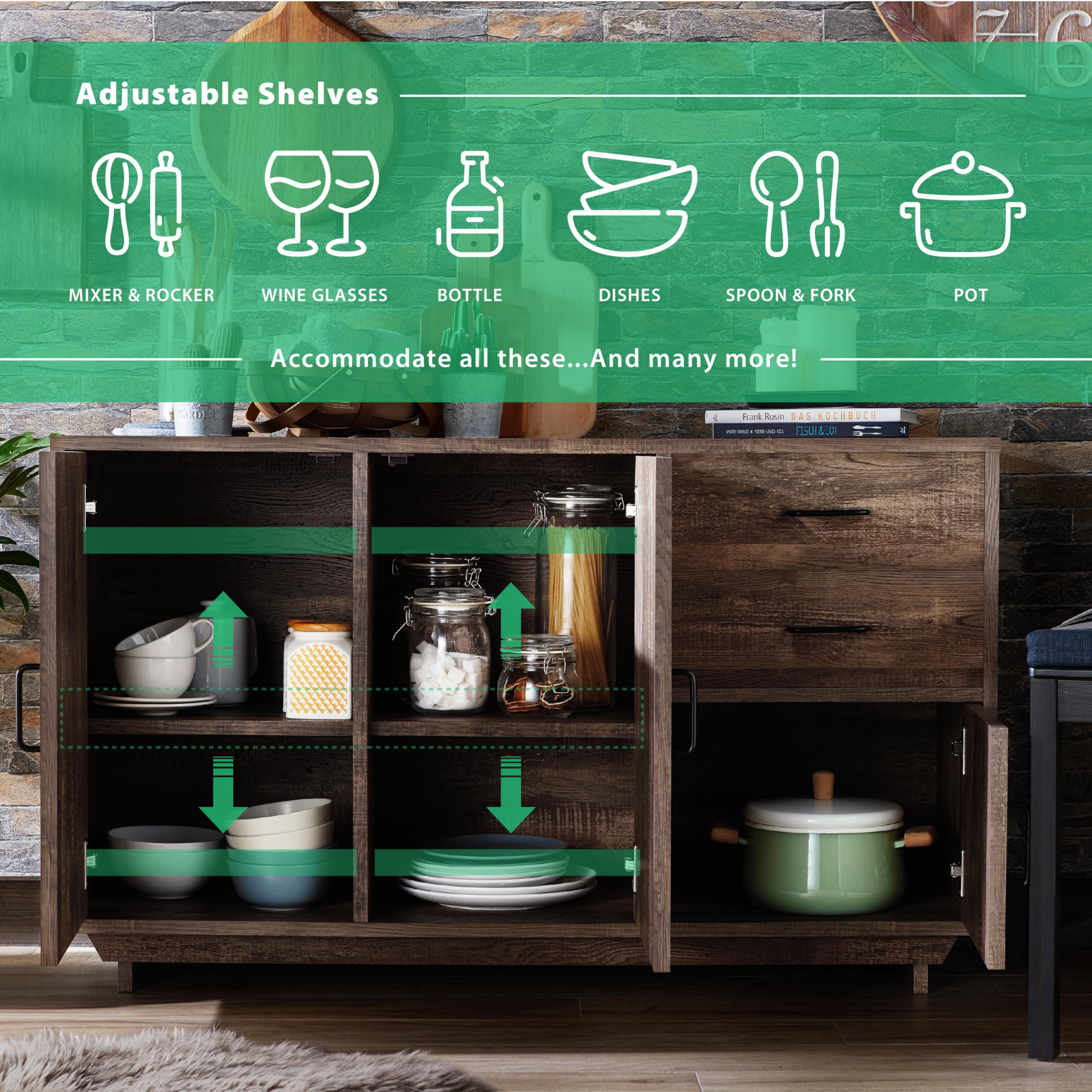 HOMES: Inside + Out Finn Wood Buffet Table - Rustic Reclaimed Oak Kitchen Storage Cabinet with Doors & Shelves, Industrial Sideboard for Entryway, Dining Room & Living Room - Perfect for Home Organization & Farmhouse Decor