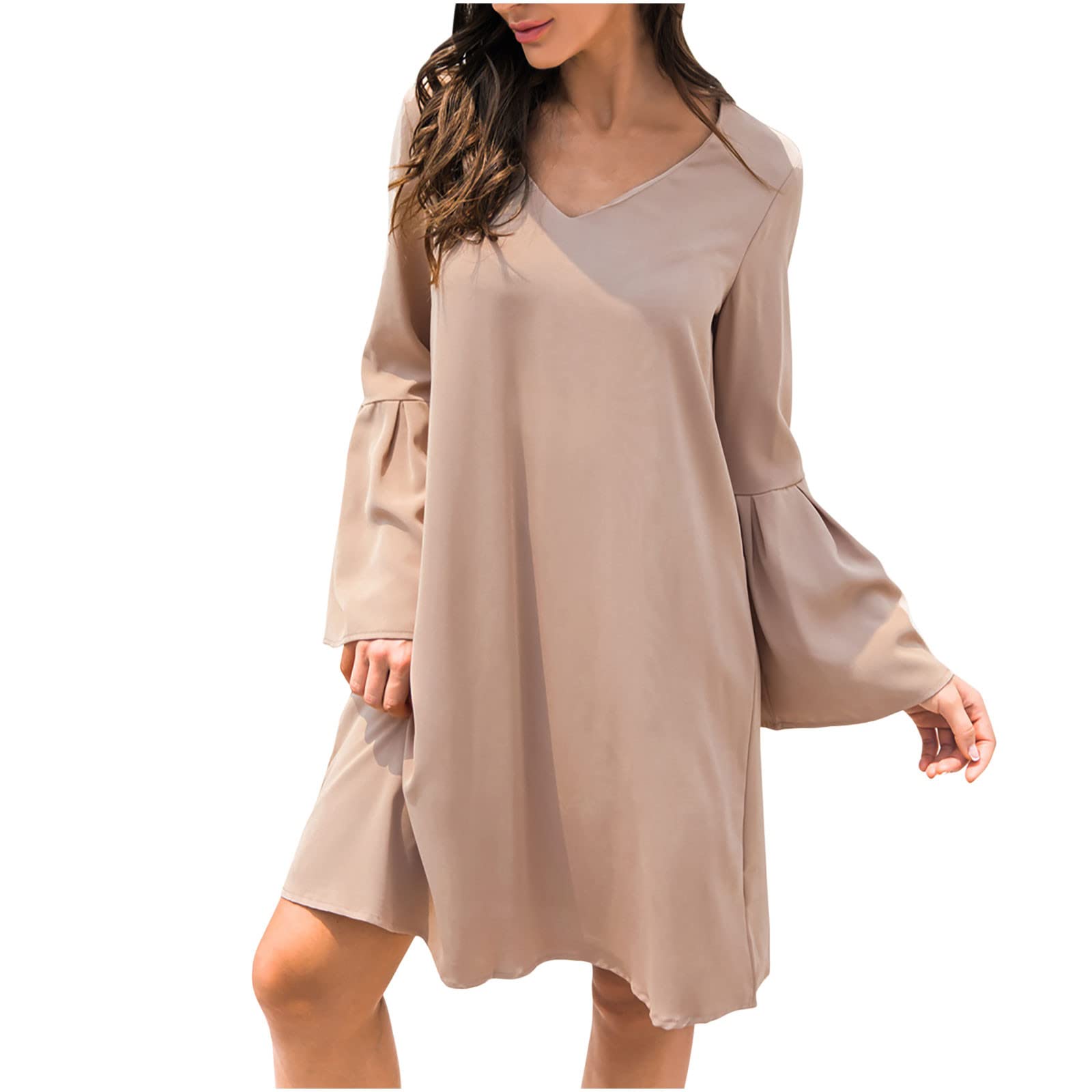 2022 Women's Summer Dresses - Casual V-Neck Sundress with Lantern Sleeves, Loose Fit Solid Color Swing Dress with Belt | Perfect for Beach Vacation, Date Night & Summer Parties