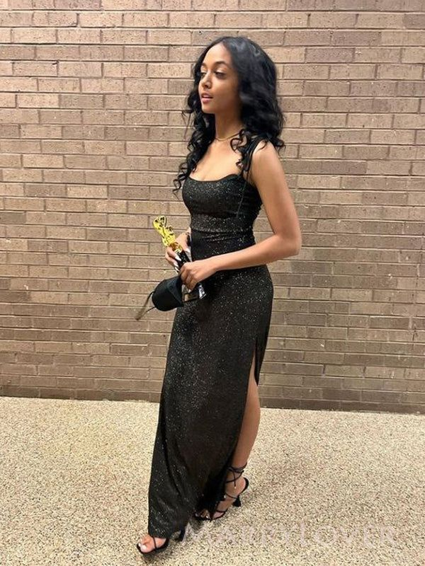 Elegant Black Sparkly Mermaid Evening Gown with Spaghetti Straps & High Slit - Sexy Prom Dress for Women - Perfect for Formal Dances, Galas & Special Occasions