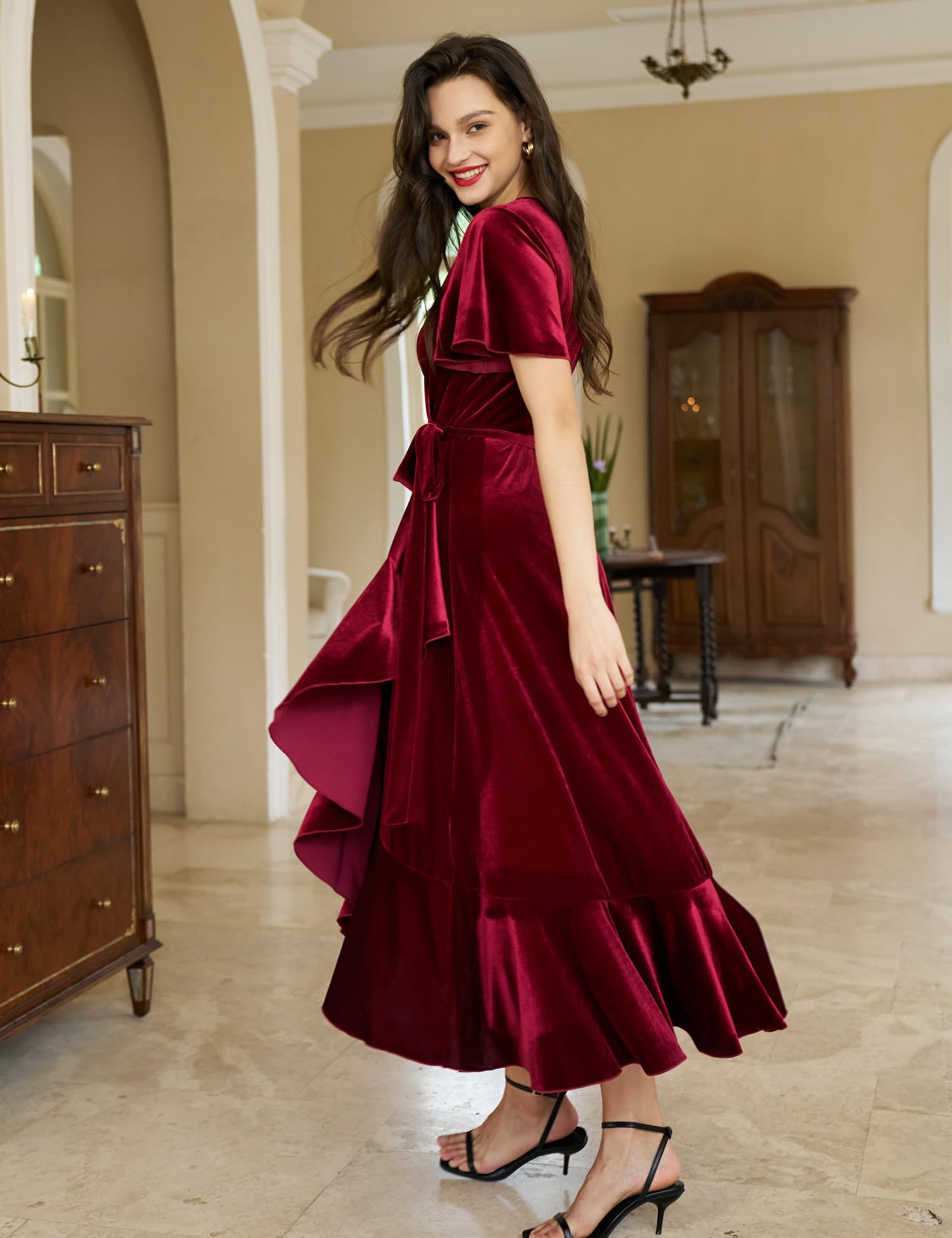 Elegant Women's Velvet Maxi Dress - Boho V Neck Wrap Dress for Wedding Guest, Fall Maternity & Formal Occasions with Pockets | Perfect for Holiday Parties, Date Nights & Special Events
