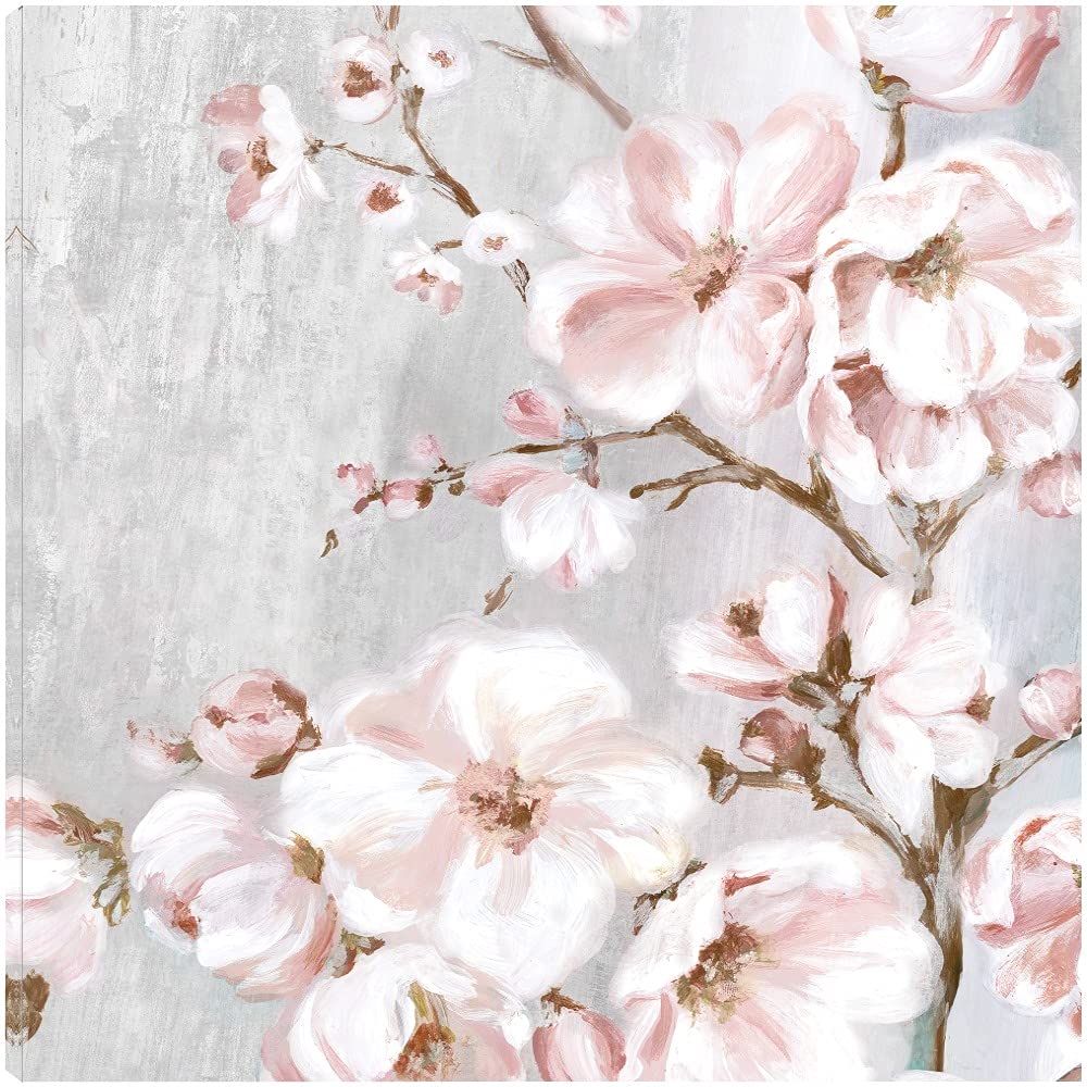Spring Cherry Blossoms II Canvas Wall Art - 22x22 Inch Hand-Painted Floral Decor by Eva Watts - Perfect for Living Room, Bedroom, Office & Dining Area - Ready to Hang Home Decor for Spring Refresh & Housewarming Gifts