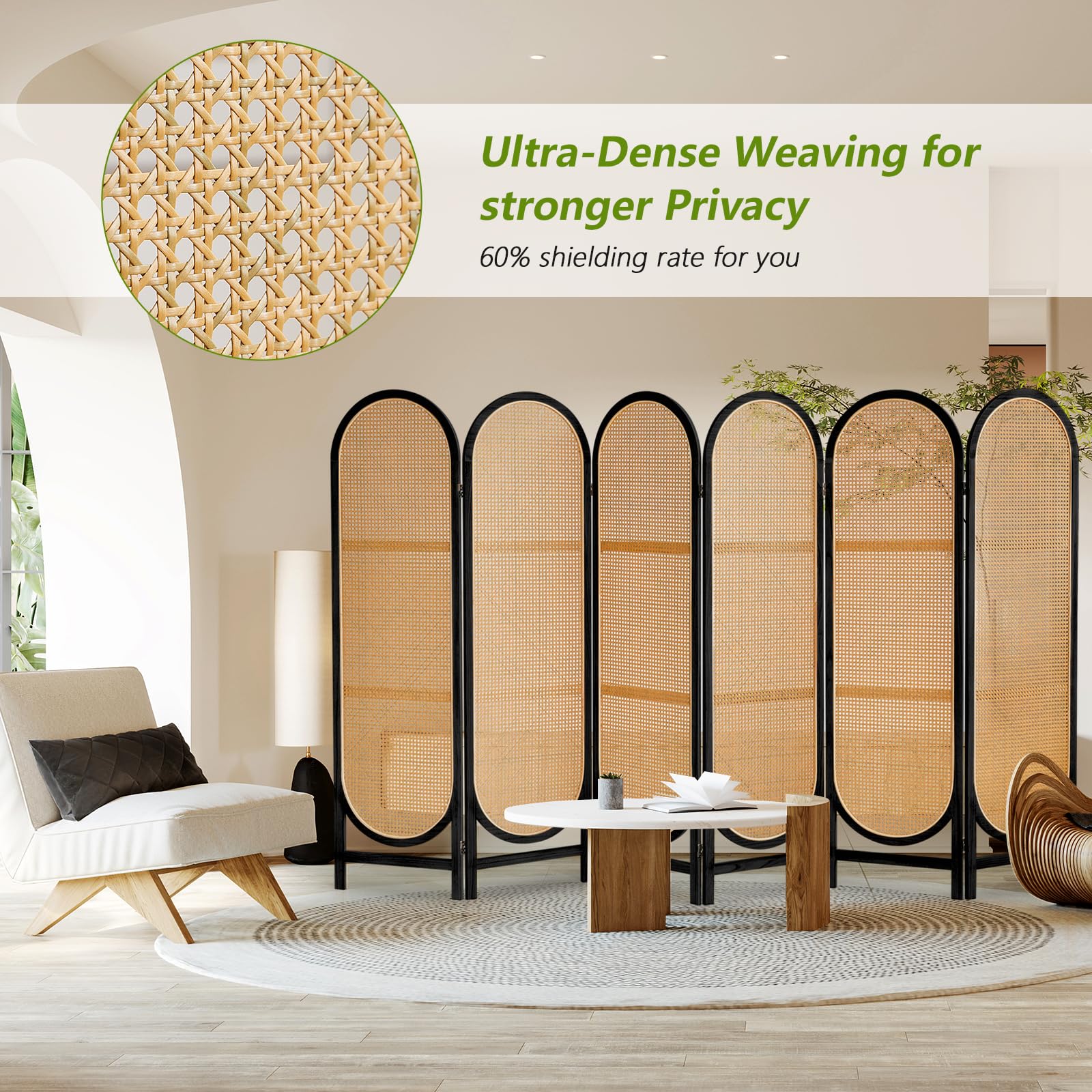 6 Panels Hand-Woven Rattan Room Divider - Freestanding Folding Privacy Screen for Home Office & Bedroom - Wooden Partition Wall for Indoor Space Separation - Black
