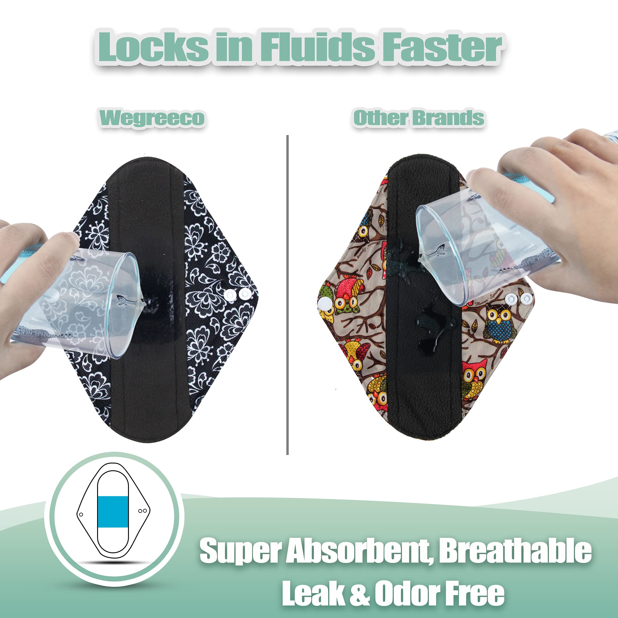 Wegreeco Reusable Menstrual Pads - 6 Pack Soft Cloth Sanitary Pads with 1 Wet Bag | Eco-Friendly Period Pads for Women | Black & Grey Lace Medium Flow | Comfortable for Daily Use, Travel & Active Lifestyle