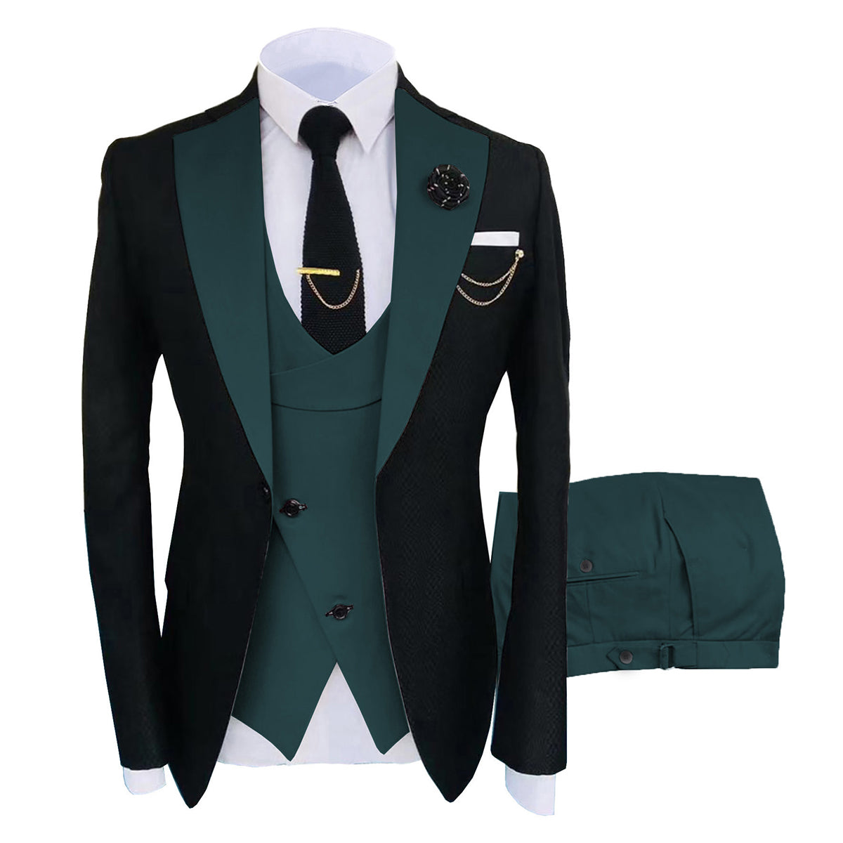 Stylish Men's 3-Piece Dark Green Color Block Suit Set with Single Button Closure | Perfect for Weddings, Business Meetings & Formal Events