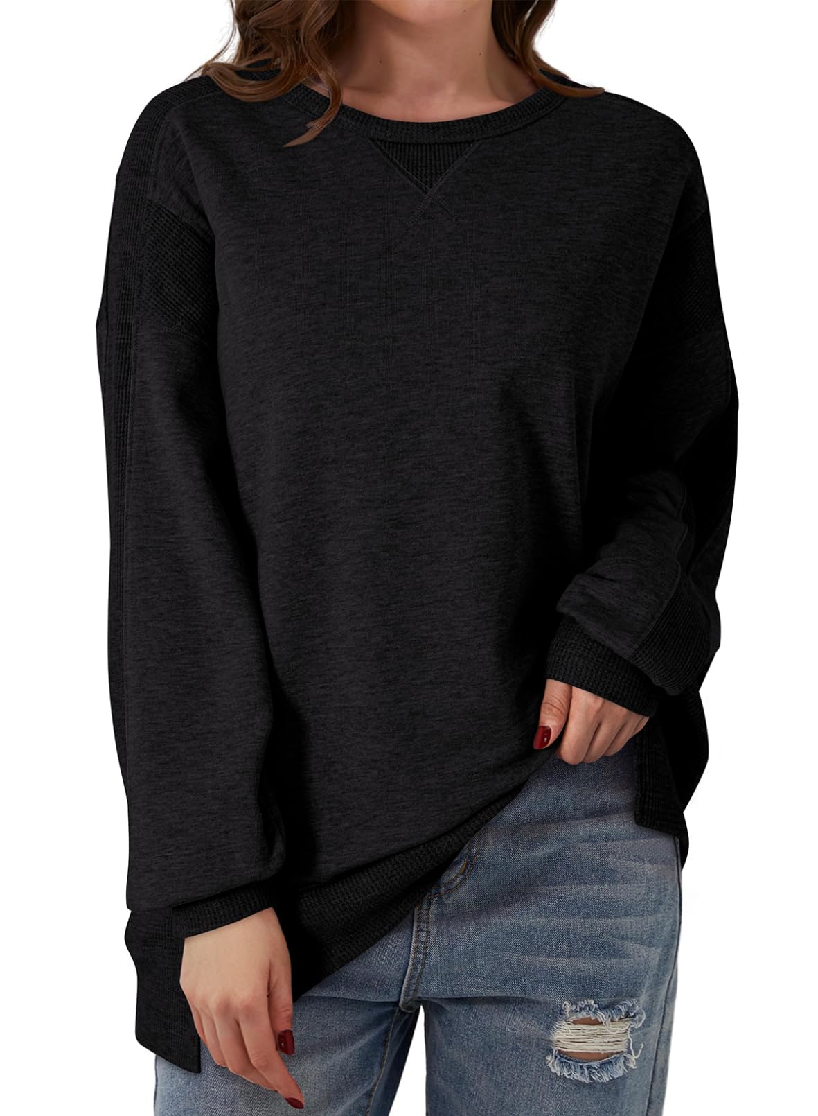 Dokotoo Women's Oversized Crewneck Sweatshirt - Long Sleeve Waffle Knit Pullover with Solid Color Splicing Design | Casual Loungewear for Women | Perfect for Fall, Winter, Coffee Dates & Cozy Nights at Home