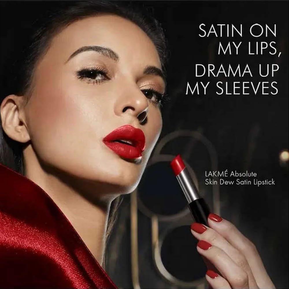 LAKMÉ Absolute Skin Dew Satin Lipstick - Dewy & Satin Finish, Vibrant Long-Lasting Colors, Hydrating Formula with Avocado Oil & Hyaluronic Acid | Perfect for Everyday Wear, Date Nights & Special Occasions