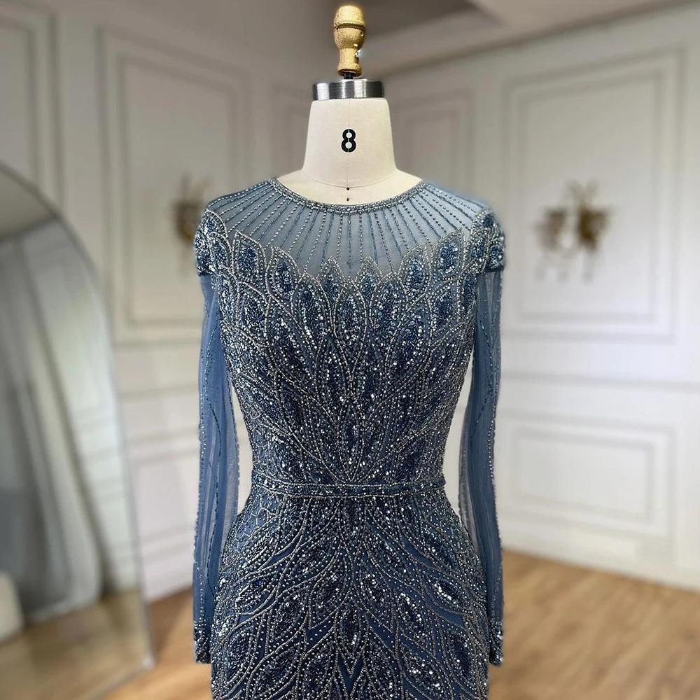 Serene Hill Muslim Blue Mermaid Luxury Beaded Dubai Long Evening Dresses for Women - Elegant Wedding Party Gowns 2025 LA71999L | Perfect for Formal Events, Red Carpet & Special Occasions