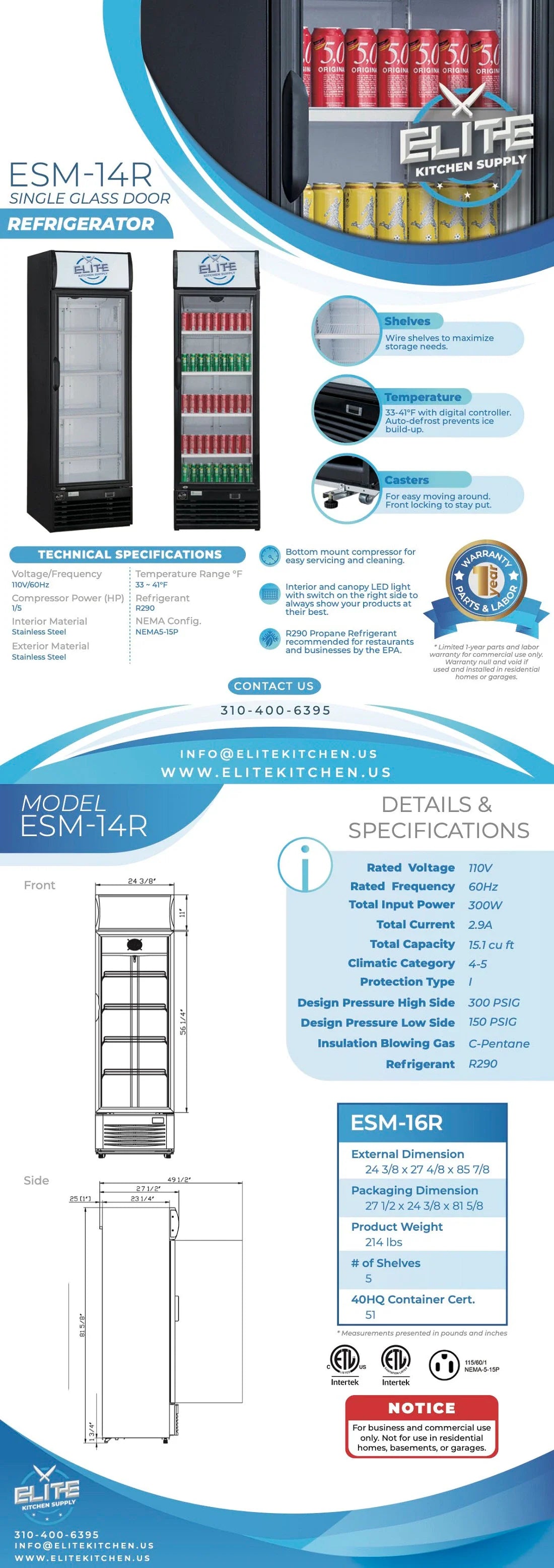ESM 14R Commercial Refrigerator - 1 Door Merchandiser Display Cooler for Restaurants, Cafes, and Retail Stores - Energy Efficient Glass Door Fridge for Beverages, Snacks, and Perishable Foods