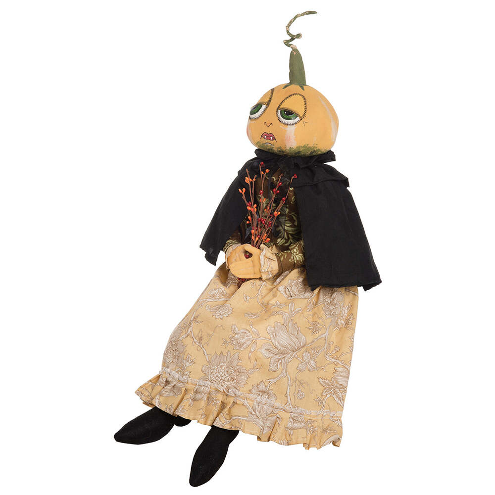 Joe Spencer Handmade Effie Pumpkin Head Art Doll - Traditional Gathered Design for Collectors, Home Decor, and Seasonal Displays