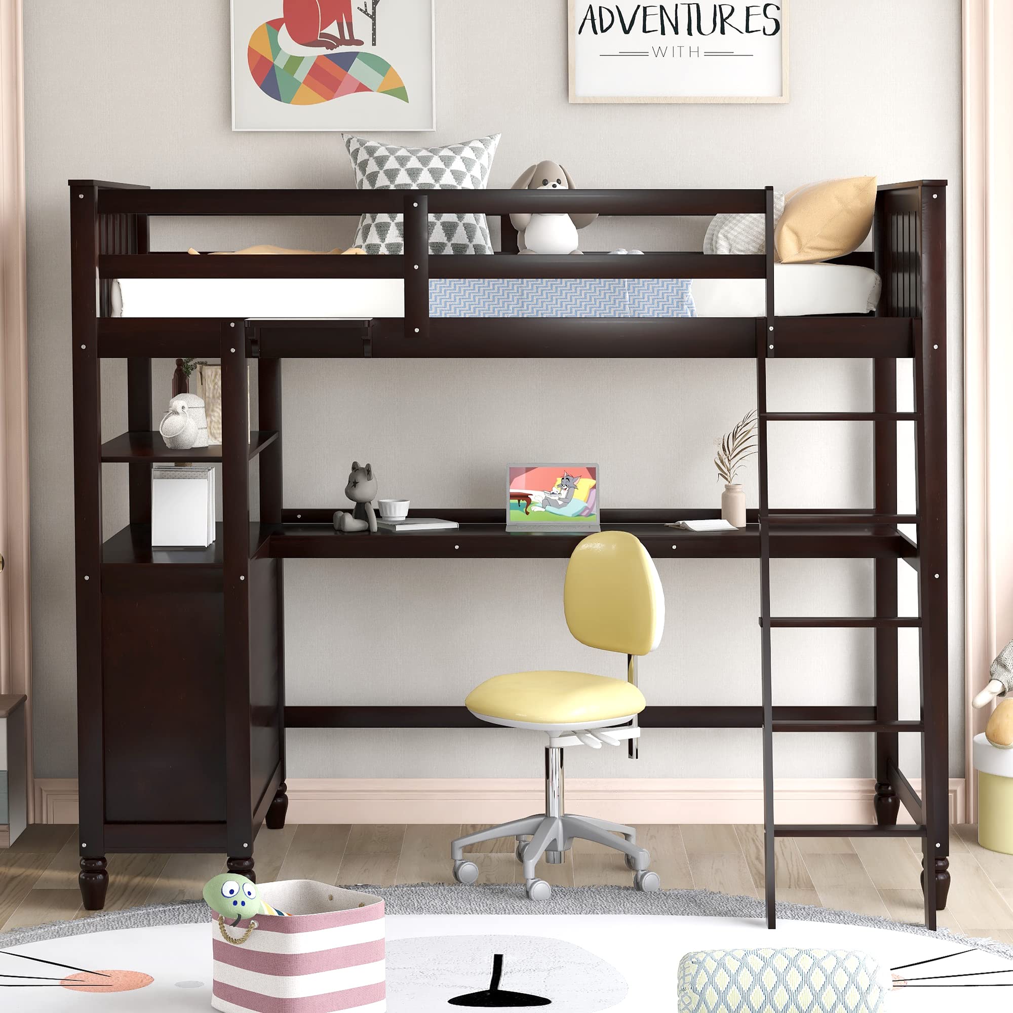Twin Size Loft Bed with Desk, Drawers & Storage Shelves - Wooden High Loft Bed for Kids, Teens & Adults - Space Saving Study Bed with Headboard & Footboard - Perfect for Small Bedrooms, Dorms & Apartments (Twin, Espresso)